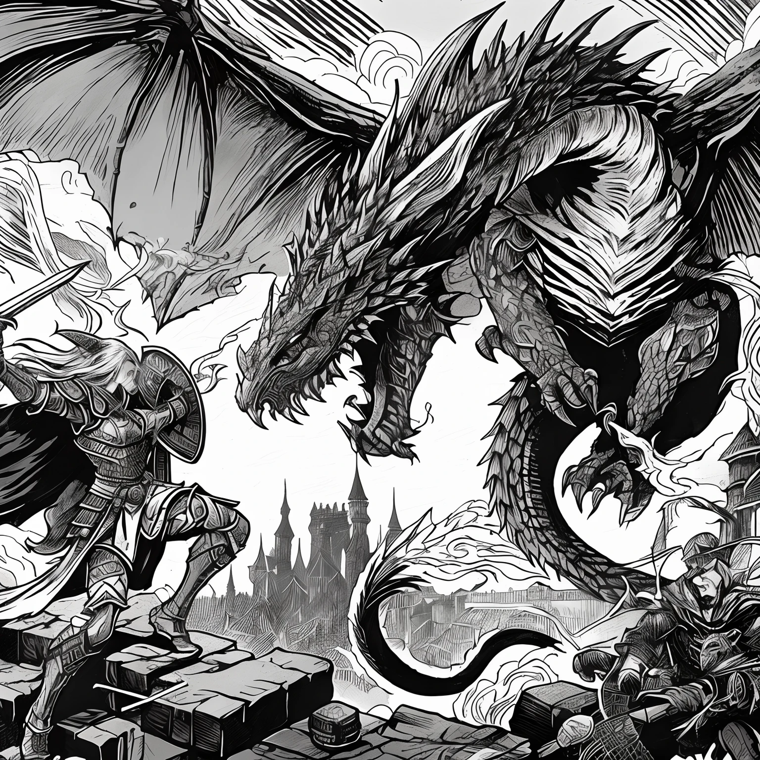 illustration of a dragon attacking a knight on a city street, dungeons and dragons artwork, dungeons and dragons art, dungeon and dragon illustration, dragonlance illustration, dnd illustration, fantasy rpg book illustration, high quality dnd illustration, dungeon and dragons art, battle with dragon, d&d commision art dragon, rpg rulebook illustration, dnd cover art