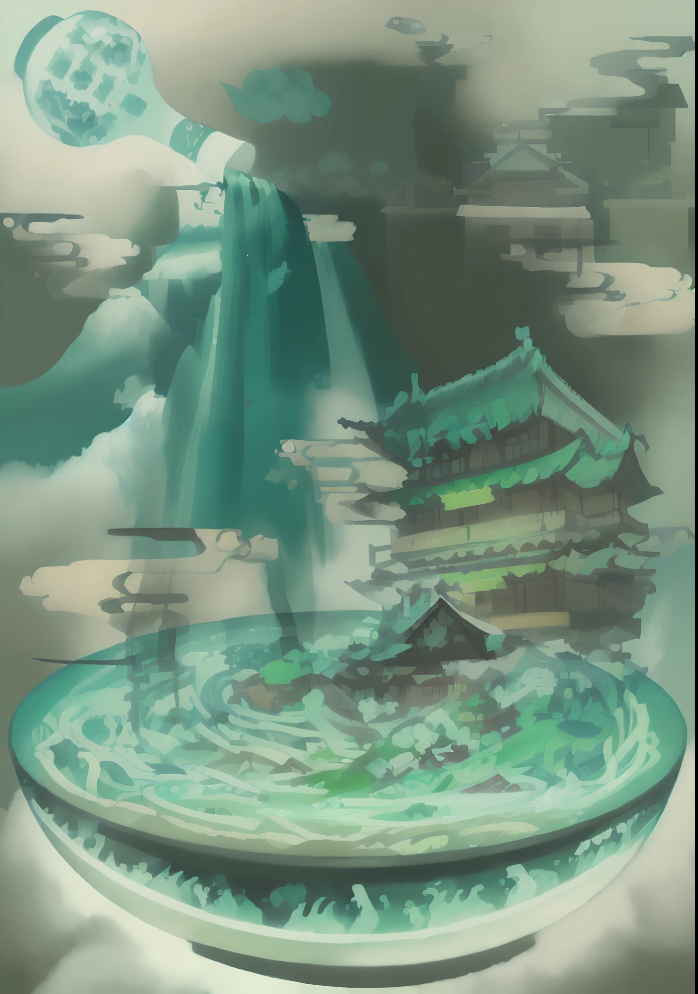 magnificent waterfalls,Cloudy background,The cyan porcelain bowl contains rice flour,There is a retro loft on top of the rice noodles,Next to the attic is a magnificent waterfall,The waterfall has blue porcelain bottles flowing from above,Natural scenery,ultra - detailed,复杂