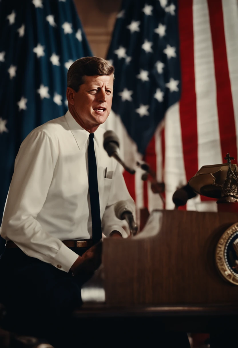 PRESIDENTE JOHN KENNEDY COM BANDEIRA DOS ESTADOS UNIDOS E COM DORES NO JOELHO, FORMATO 9:16 PAISAGEM