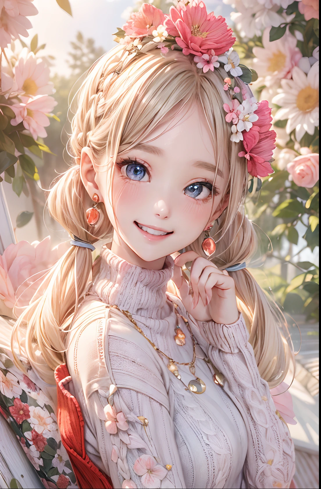absurderes, ultra-detailliert,bright colour, extremely beautiful detailed anime face and eyes, view straight on, ;D, shiny_skin,25 years old, Short hair, (Forehead:1.3), Blonde hair with short twin tails, Shiny hair, Delicate beautiful face, red blush、(cyan eyes:1.2), White skin, hair clips, earrings, a necklace, (Red High Neck Knit:1.5),(Happy smile:1.4),(Floral long skirt:1.3),Beautiful cloud,(Pink pumps),Dusk sky,Full body