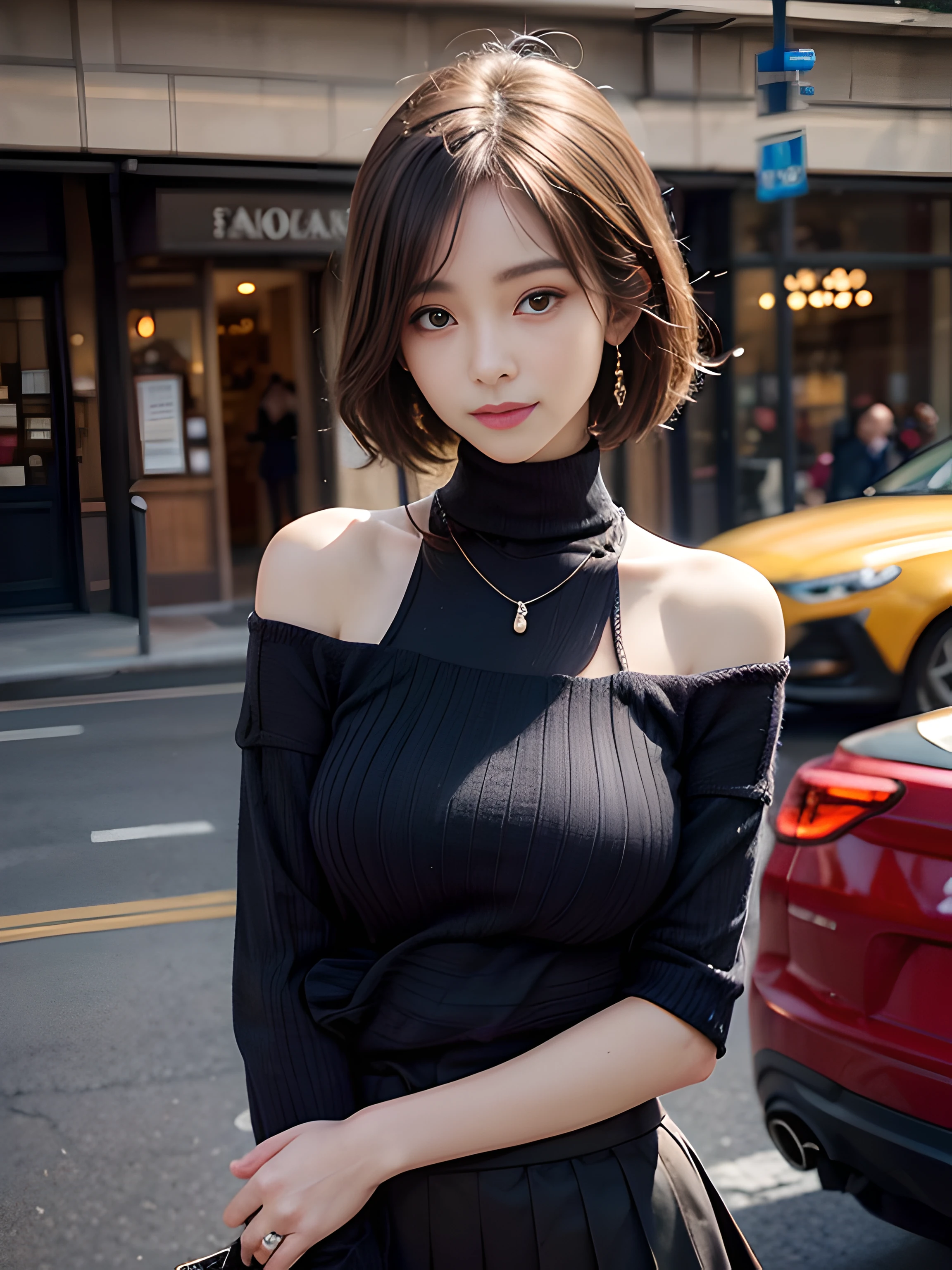(8K high image quality), (top-quality), (RAW image quality),(masutepiece:1.2), (Realistic), (Photorealistic:1.37), Goose egg face,largeeyes,long eyelasher,Exquisite(Live-action realistic style),The Ultimate Face,Photorealistic light and shadow,Clear facial features,milky skin,Fair skin, highdetailskin,Realistic skin details,Visible Pore,(Super Detail),Hair length is random, (Flowing hair),Best portraits,Shot from a short distance, 1-girl, Cute,Beautiful detailed eyes, beautiful detailed nose, highlydetailed skin,Full body ,(eyecontact),(Colossal tits、Breast Abundance)、(Beautiful face with double eyelids), (Realism: 1.4),High image quality, excellent details, Ultra-high resolution, (Show your best smile to the audience), , favor details,,delicate and beautiful face,,20yr old,(Beautiful Face 1.4),A slender, (Off-shoulder knit sweater:1.2)、(pleatedskirt:1.2),((In front of a fashionable boutique)),The color of the skirt is random,,Show your smile,,Medium Hair,(I wear a short skirt),