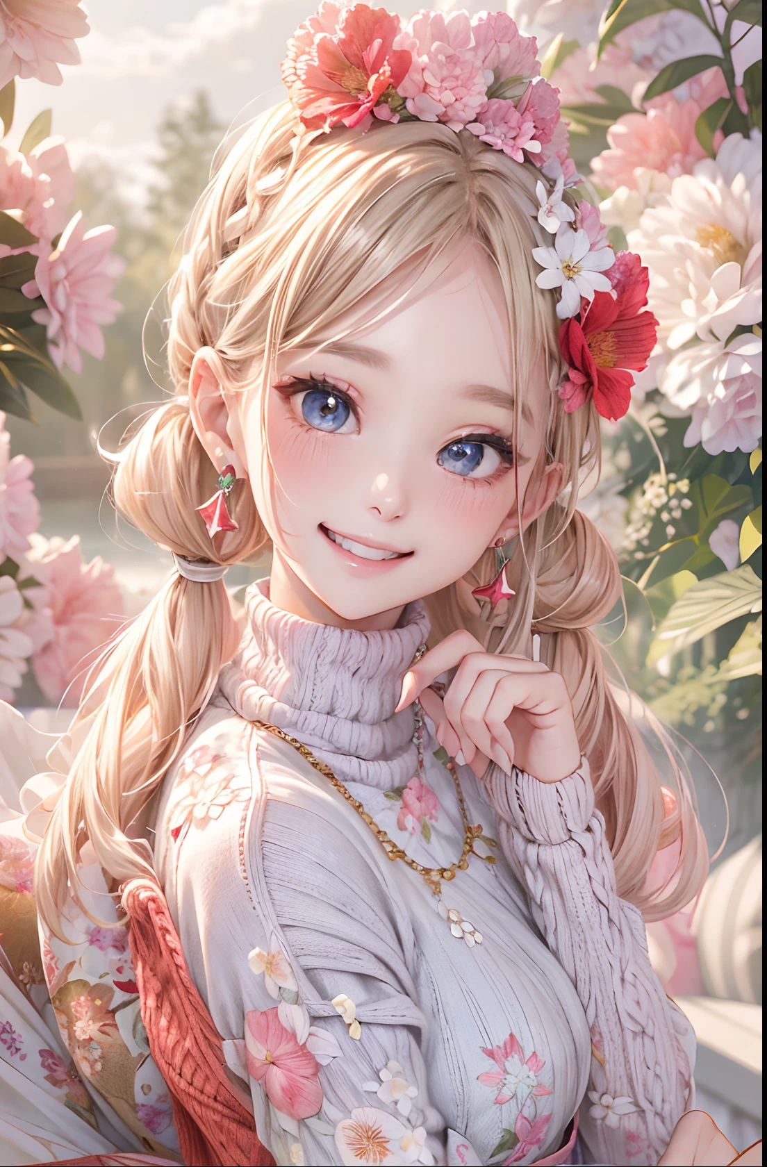 absurderes, ultra-detailliert,bright colour, extremely beautiful detailed anime face and eyes, view straight on, ;D, shiny_skin,25 years old, Short hair, (Forehead:1.3), Blonde hair with short twin tails, Shiny hair, Delicate beautiful face, red blush、(cyan eyes:1.2), White skin, hair clips, earrings, a necklace, (Red High Neck Knit:1.5),(Happy smile:1.4),(Floral long skirt:1.3),Beautiful cloud,(Pink pumps),Dusk sky,Full body