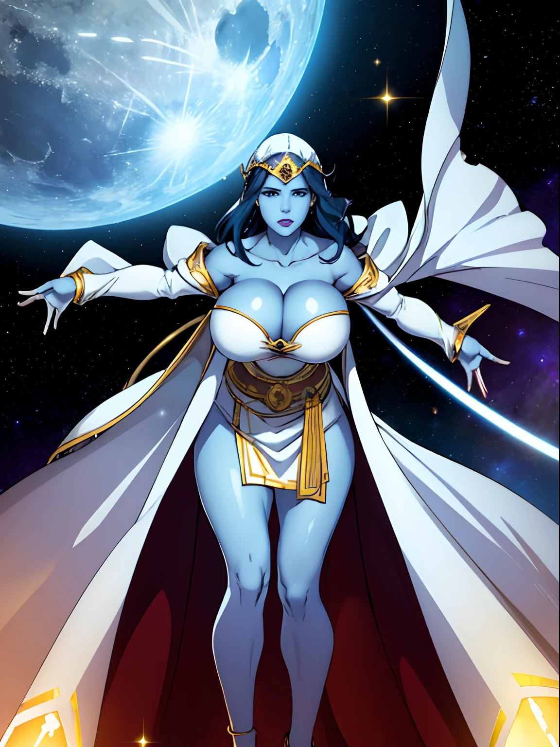 (masterpiece, top quality, best quality, official art, beautiful and aesthetic:1.2), (1girl:1.3), dark blue hair in braid, extremely detailed, portrait, looking at viewer, solo, (full body:0.6), detailed background, close up, (cool science fiction space theme:1.1), ((((blue skin, colored skin)))), extremely busty sorceress with (four arms), charlatan, mysterious, casting spells in space, four arms, revealing white robes, revealing white dress, veil, head wrappings, crossed straps, fingerless gloves, long gloves, glowing magical energy, blindfold, elaborate headdress, golden ceremonial headdress, sheer white fabric, elegant robes, skirts, streamers, cowl, cape, sandals, bracers, ((((extra arms, gigantic breasts, cleavage, skindentation)))), slim waist, slim hips, long legs, athletic, SPACE, futuristic moon, (space exterior:1.1) background, dark mysterious lighting, shadows, magical atmosphere, dutch angle