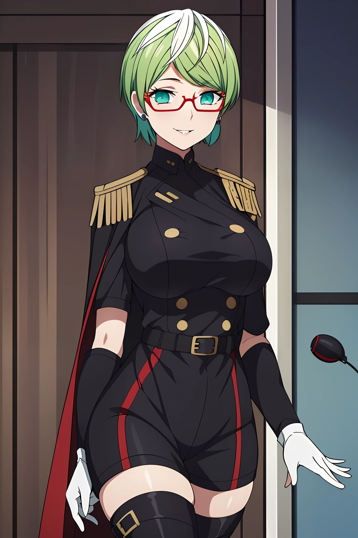 (night:1.2),(indoors), (very detailed background), before window,
standing,facing viewer, cowboy shot, dynamic angle,
tenka izumo, green hair, ((short hair)), ((red eyes)), hair between eyes,
(((belt, black shorts, buttons, cape, earrings, epaulettes, gloves, military, black military uniform, thigh boots, uniform, white gloves, ))),(black uniform:1.0),
1girl, solo, (24 years old:1.5),Beautiful Finger,Beautiful long legs,Beautiful body,Beautiful Nose, perfect eyes, perfect face,(beautiful detailed aqua eyes),((mature female:1.1)),((milf:1.1)),make up,parted lips,(shiny skin:1.1),(perfect female body:1.2),(gorgeous detailed skin),(detailed hair),
looking at viewer, smile,
ray_tracing,intricate details,depth of field, extremely delicate and beautiful,
(Beautiful,large breasts:1.4), (beautiful_face:1.5), adjusting eyewear:1.2