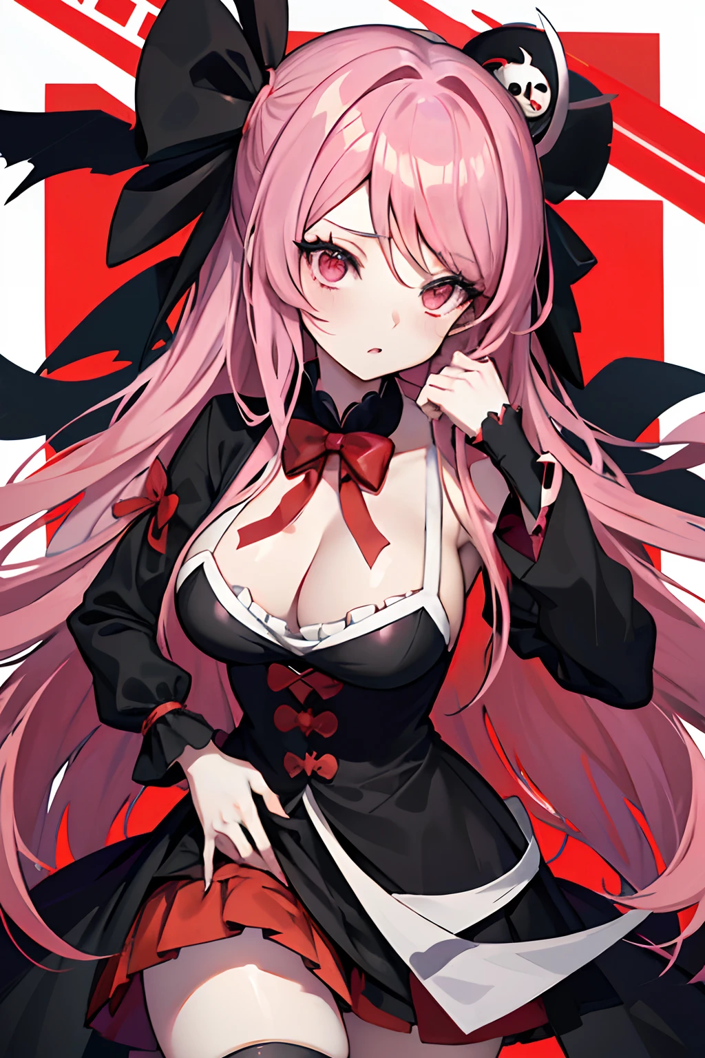 anime girl with a red and black dress and a big bow, a character portrait by Puru, pixiv, shin hanga, shalltear from overlord, shalltear bloodfallen, junko enoshima from danganronpa, gothic maiden anime girl, female anime character, official character art, digital art from danganronpa