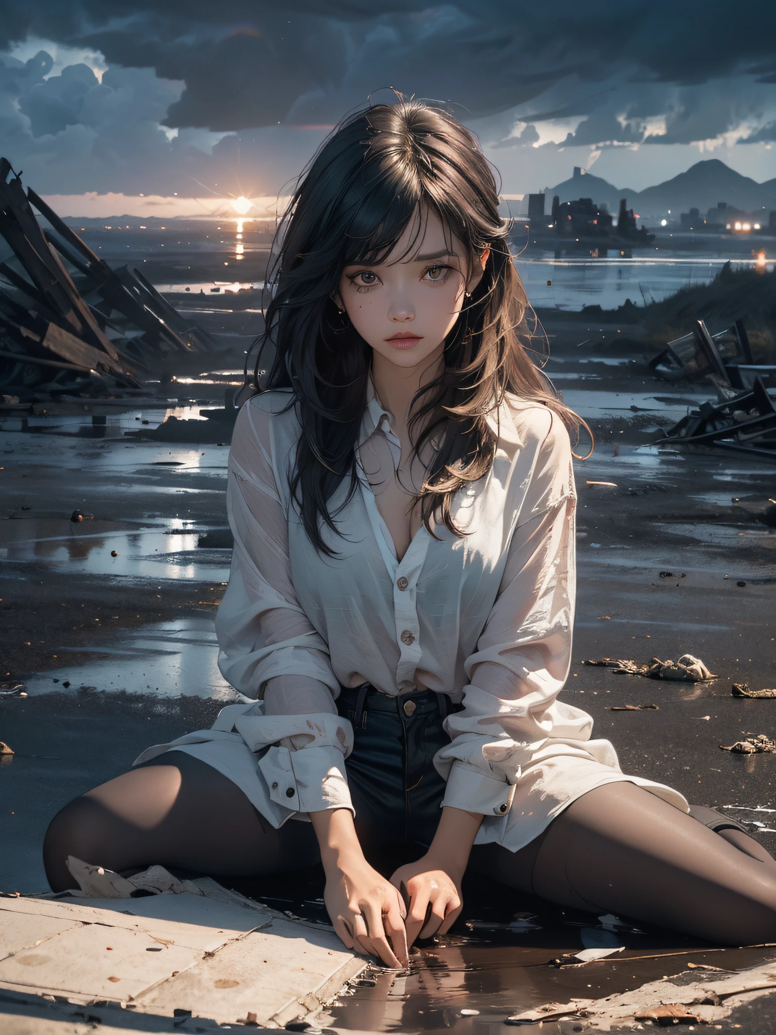 A beautiful girl with dirty skin, messy long hair, big eyes with dark circles, drugged, dilated pupils, destroyed clothes, sitting on the floor with puddles of water, broken walls, sky with dark rain clouds, {unity wallpaper Extremely detailed 8k CG}, expansive landscape photography, (a top view focusing on the character and the sky above), (wide open field view), (high angle shot), (high light: 1.3), ( low light: 1.8), (warm light source: 1.3), complex details, (iridescent colors: 1.6), (bright lighting), (atmospheric lighting), abstract, Surreal, dramatic