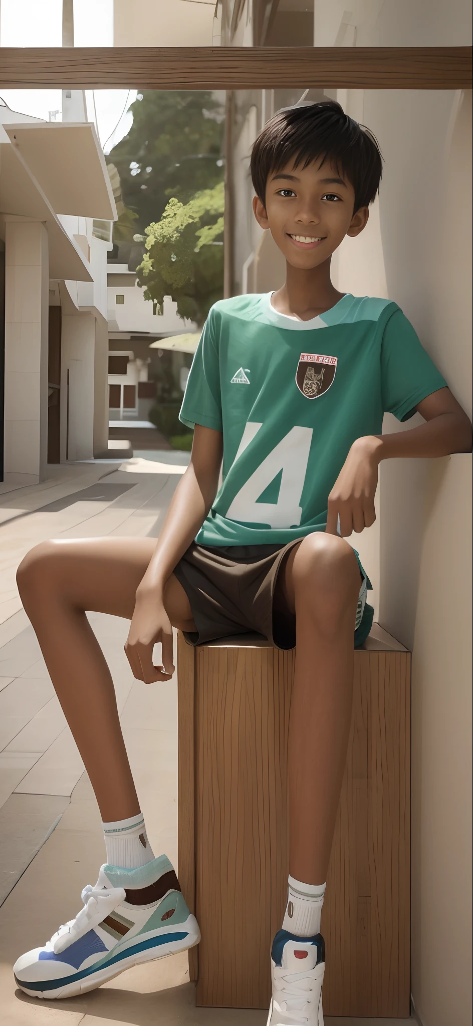 boy,Brown skin,sweat shorts,Knitted shorts,tee shirt,Slender legs,largeeyes,Ultra-short hair,Tall and thin,fully body photo,A junior high school student,Toothy smile