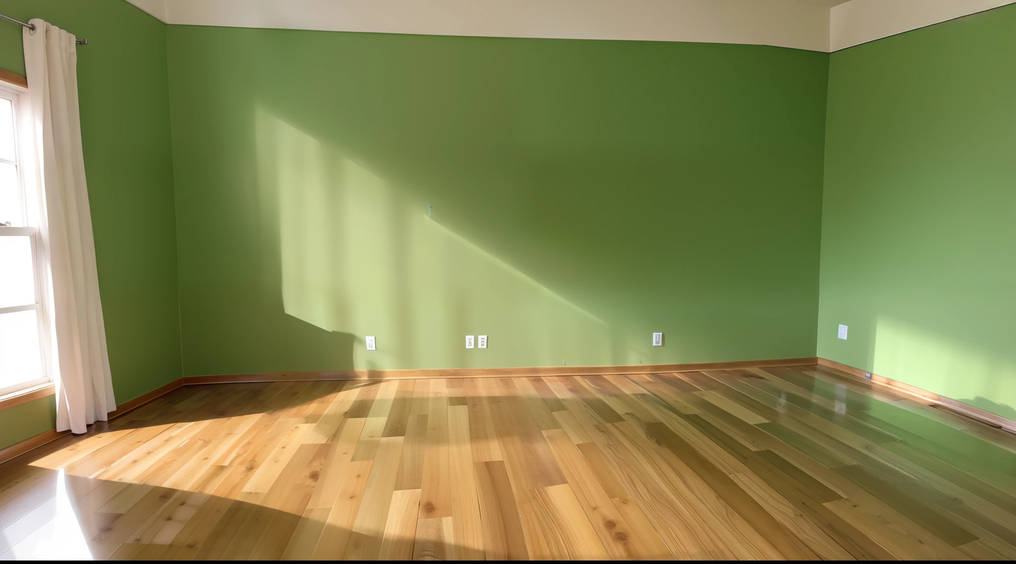 Create a room without furniture, the floor must be wooden, the walls green, with some paintings, it must be of maximum quality