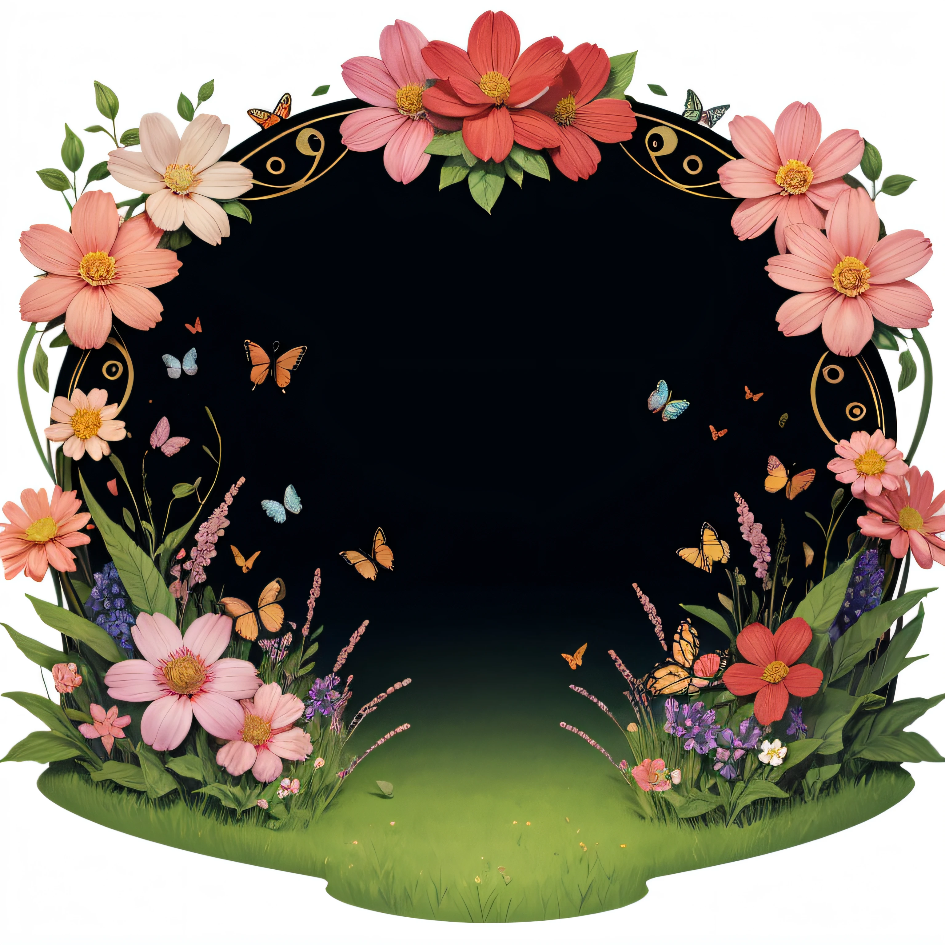 Flower foreground，Butterflies surround，Illustration style，China-style ，transparent background