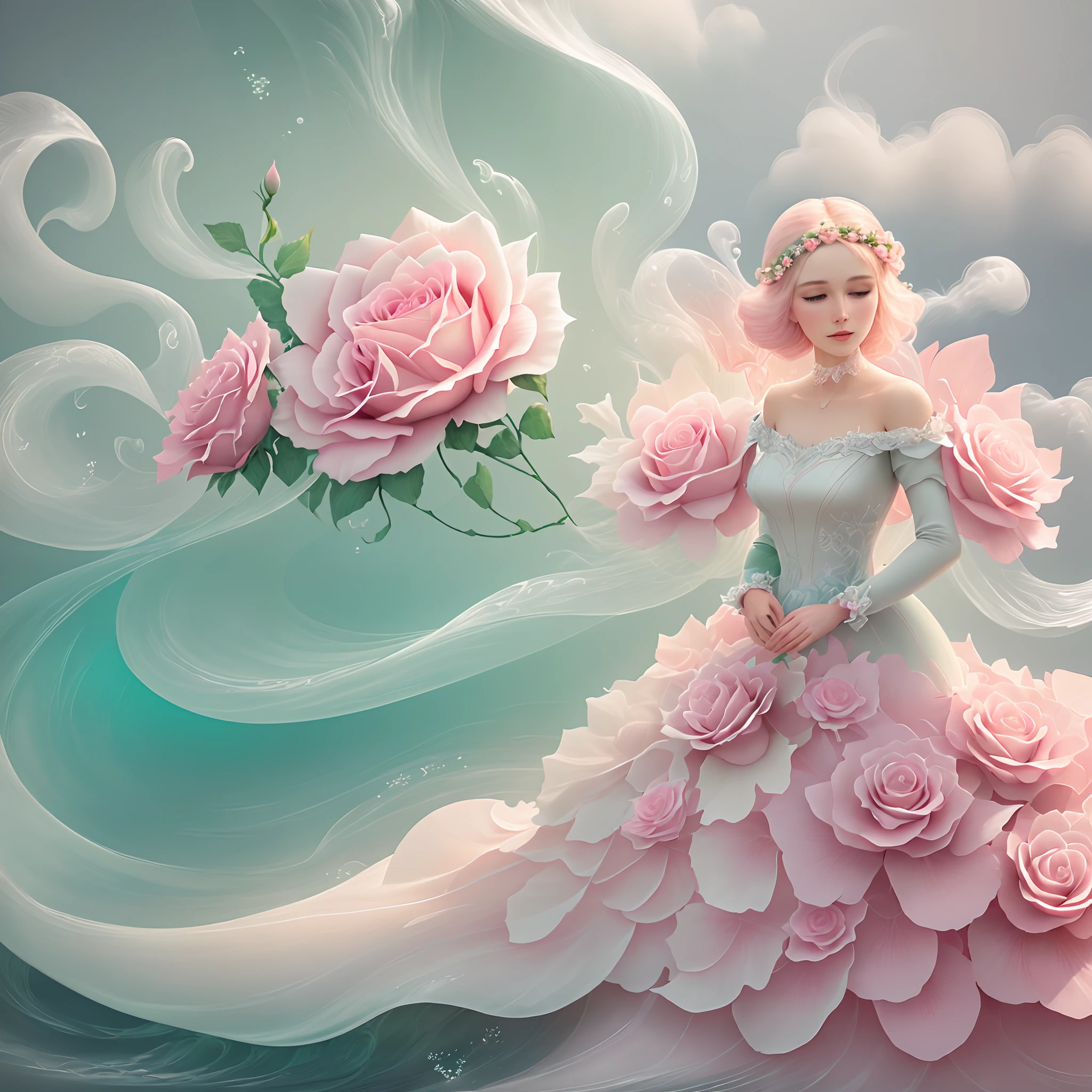 Fancy fantasy elegant botanical rose floral minimalism with a wave of flowers fluid garden flowers floating in misty pastel pink, Vert aqua, abricot pastel, fractal smoke, Morose and massively realistic flowers, octane rendered, Mural art Josephine, Isabel I went, Jean, Amy brune