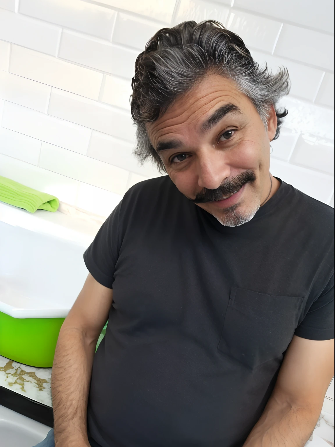 There's a man with a beard and mustache sitting in a bathroom, A photo of a disheveled man, photo of a 50-year-old white man, Imagen de perfil, muy, muy feliz!, 4 5 yo, muy levemente sonriendo, sharp picture, Foto de un hombre, Cara de John Oates, man in his 40s