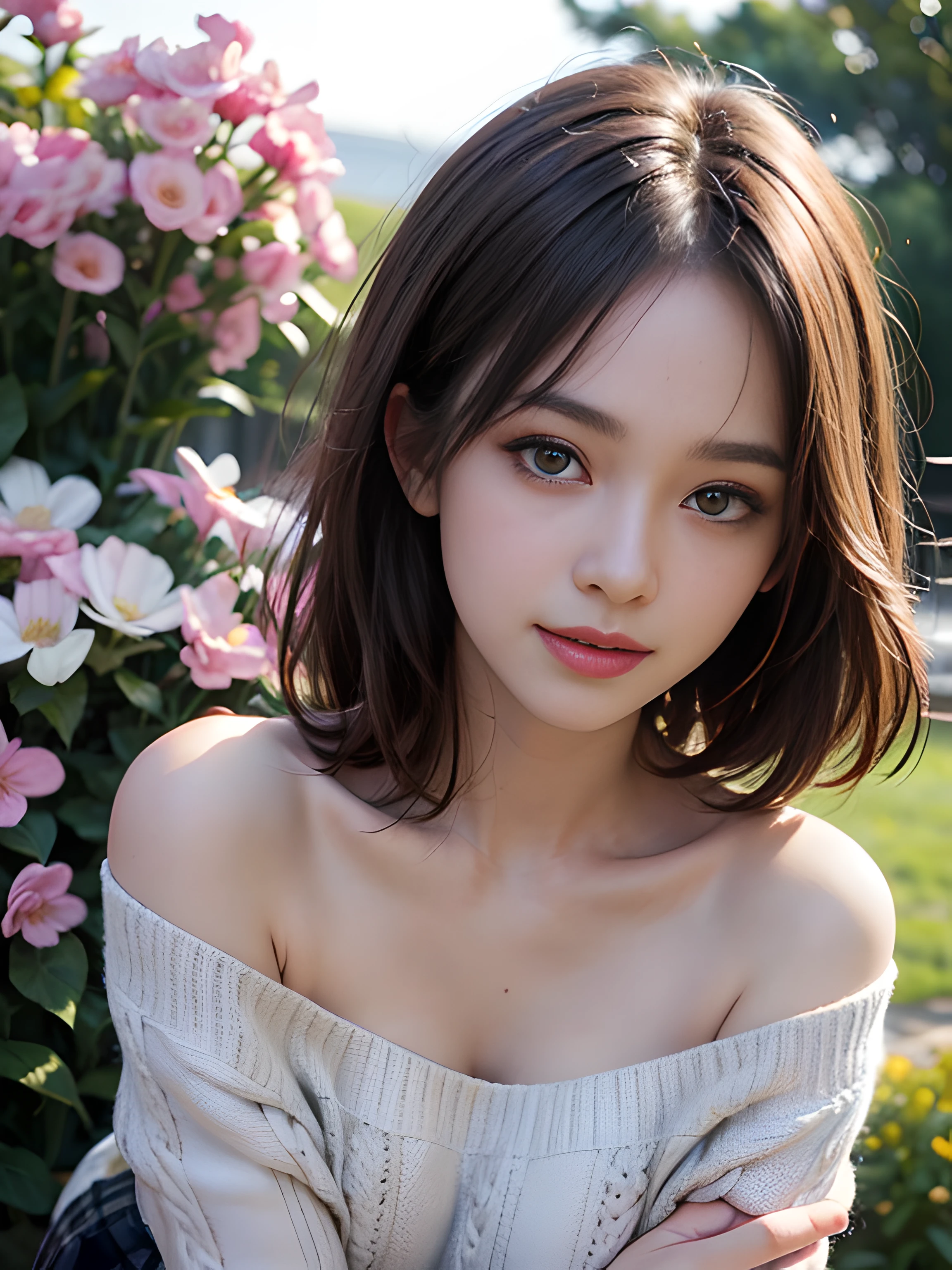 (8K high image quality), (top-quality), (RAW image quality),(masutepiece:1.2), (Realistic), (Photorealistic:1.37), Goose egg face,largeeyes,long eyelasher,Exquisite(Live-action realistic style),The Ultimate Face,Photorealistic light and shadow,Clear facial features,milky skin,Fair skin, highdetailskin,Realistic skin details,Visible Pore,(Super Detail),Hair length is random, (Flowing hair),Best portraits,Shot from a short distance, 1-girl, Cute,Beautiful detailed eyes, beautiful detailed nose, highlydetailed skin,Full body ,(eyecontact),(Colossal tits、Breast Abundance)、(Beautiful face with double eyelids), (Realism: 1.4),High image quality, excellent details, Ultra-high resolution, (Show your best smile to the audience), , favor details,,delicate and beautiful face,,20yr old,(Beautiful Face 1.4),A slender, (Off-shoulder knit sweater:1.2)、(pleatedskirt:1.2),((In the colorful flower park)),The color of the skirt is random,,(Show your smile,Looks fun),Medium Hair,(I wear a short skirt),