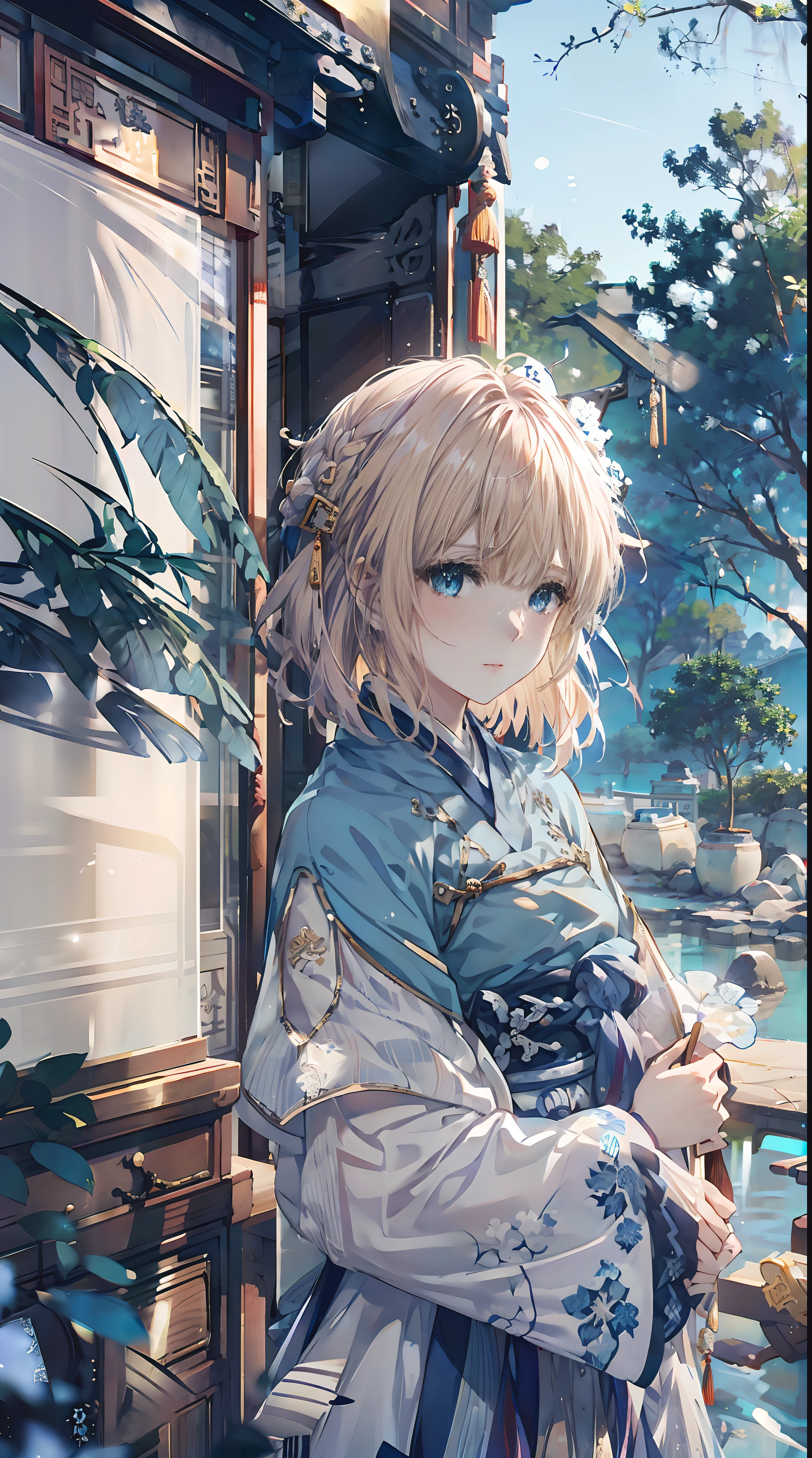 Violet，((Wear light blue Hanfu))，(Hanfu is decorated with snowflakes)，((1 folding fan in his hand))，((Traditional Chinese palace))，(((Blonde hair)))，(((blue color eyes)))