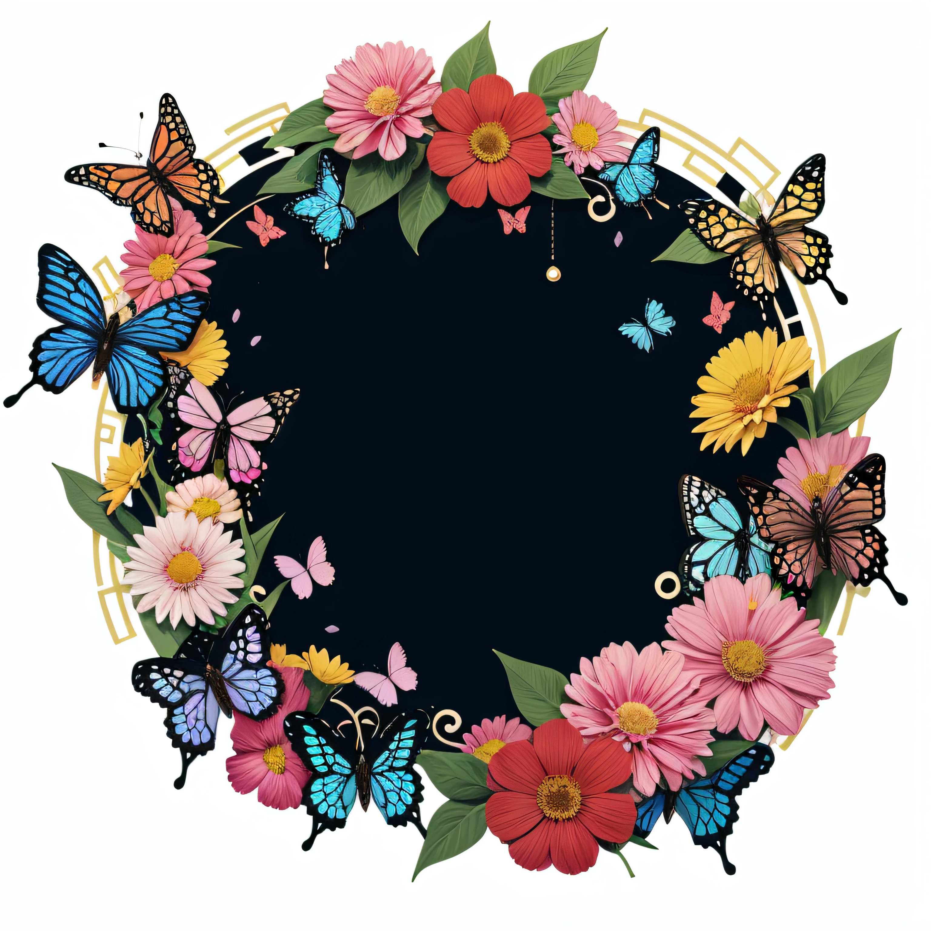Flower foreground，Butterflies surround，Illustration style，China-style ，transparent background