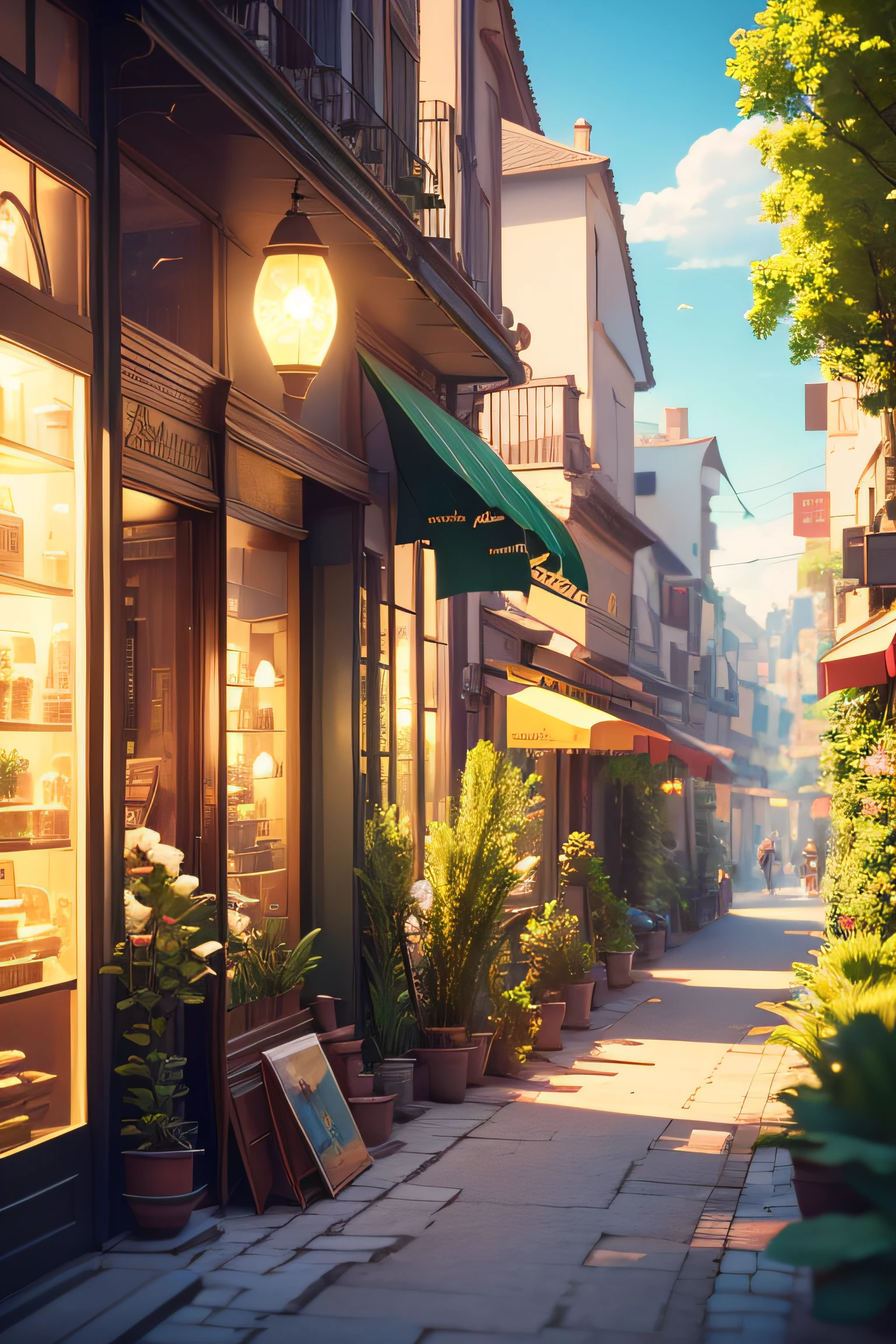 Shop Street，sunny clear sky，Floating clouds，Several green trees，flat roads，Several magpies flew in the air，There are several gold coin bags in the corner of the shop；strong lights，adolable，Disney  style；3D，ultra - detailed，C4D，rendering by octane，blender，8K，k hd