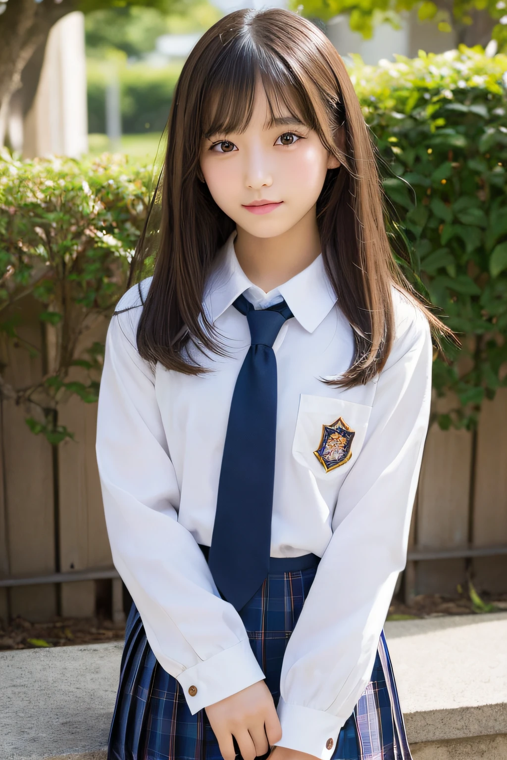 (masterpiece,top-quality,超A high resolution),A Japanese Lady, (((Very beautiful girl))), Kawaii Girl、View photographer、Front view, ((Bob Hair)), hyper cute face, Glossy lips, Double eyelids in both eyes, Natural makeup, long eyelashes, Glossy smooth light brown long bob hair,, central image, Perfect limbs, Perfect Anatomy,(((School Uniforms)))