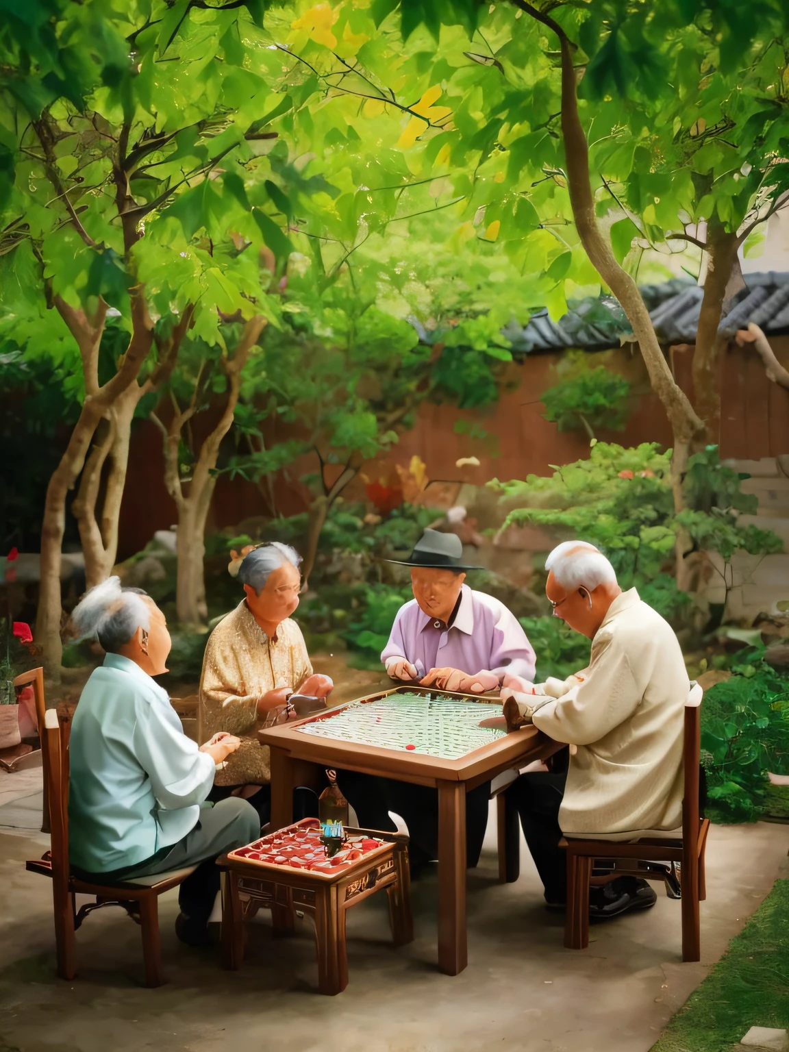 Autumn has arrived,Four old men playing mahjong in the garden。