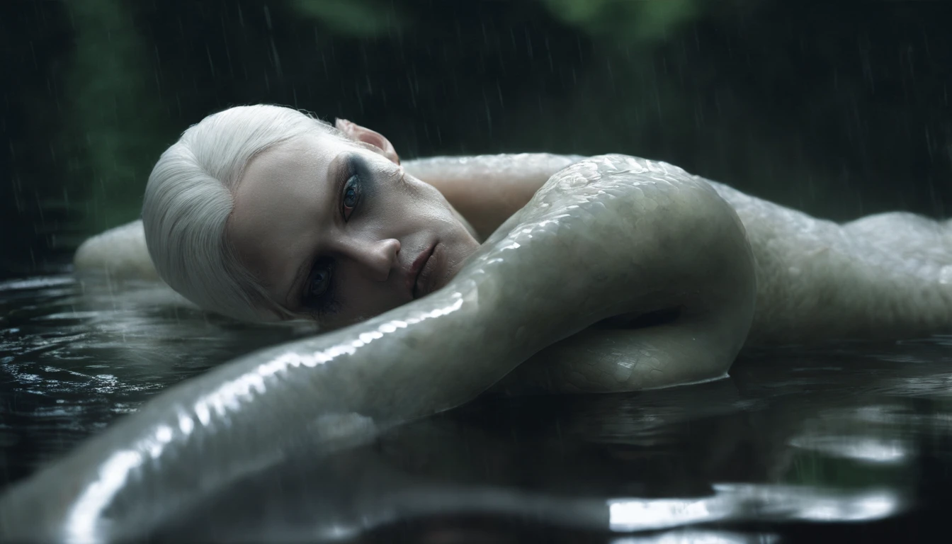 half body shot, hyper realistic photograph in a swamp, beautiful pale model, iridescent skin, skin that looks like glass, white albino python body moving in the water,
