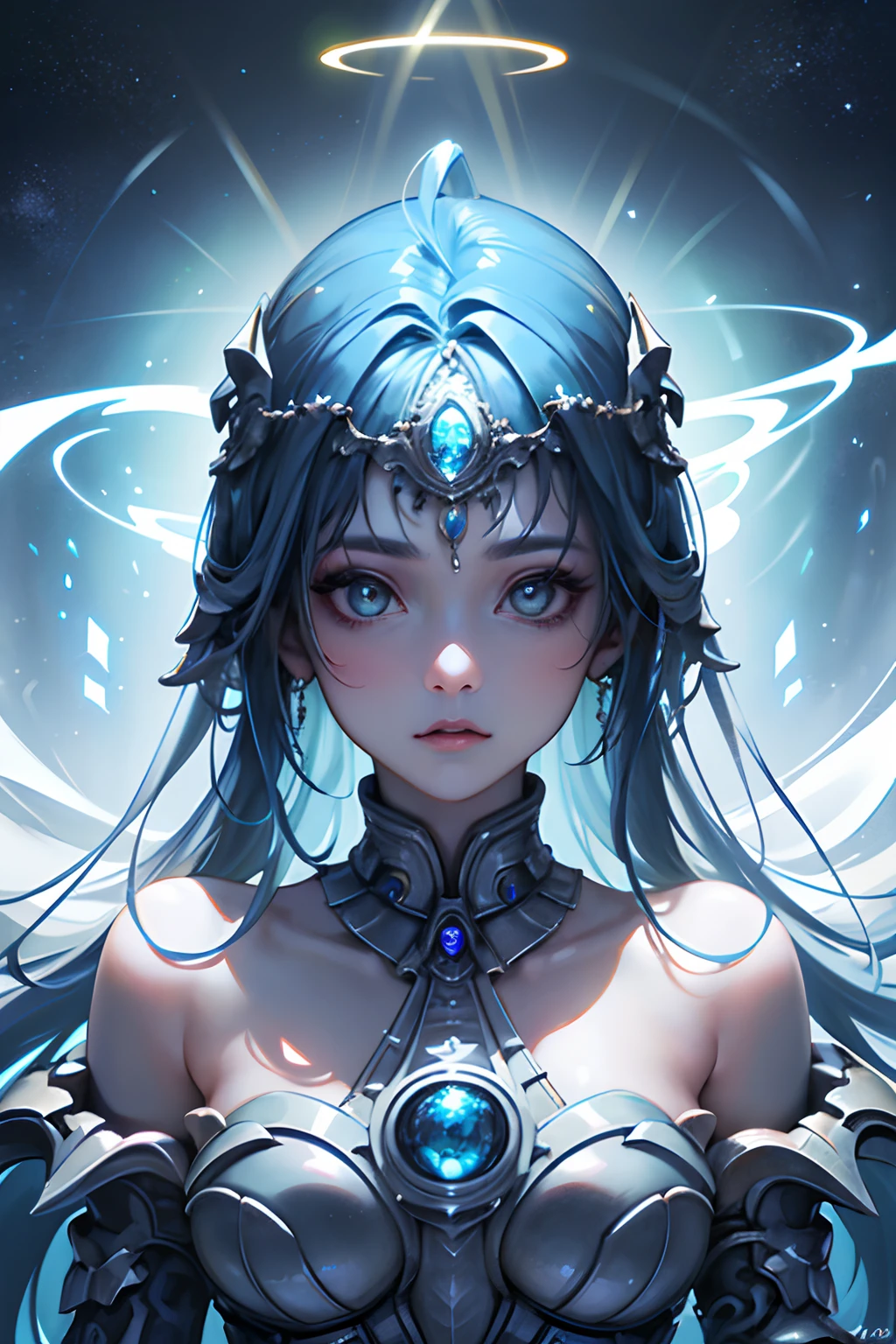 ((best quality)), ((masterpiece)), ((realistic)), portrait
1girl, celestial, deity, goddess, light particles, halo, looking at viewer, Resolute eyes, bare shoulders, boob tube top,expressionless, 
(bioluminescent:0.95) ocean, bioluminescent, vibrant, colourful, color, (glowing, glow),
(beautiful composition), cinematic lighting, intricate, (symmetrical:0.5), whimsical,