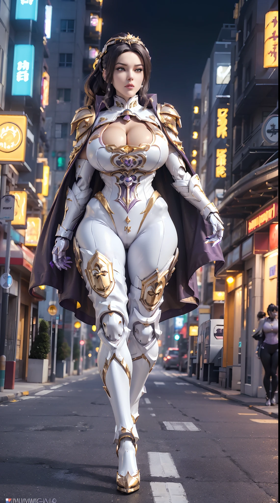 1GIRL, SOLO, (makeup, beautifull eyes, black ponytail hair, gold ornament hair), (BUSTY HUGE FAKE BOOBS:1.3), (GUARD ARM, GLOVE), IMMORTAL, (white, purple, gold, FUTURISTIC DRAGON MECHA ARMOR SUIT, ROYAL CAPE, CLEAVAGE, SKINTIGHT YOGA HOTPANTS, HIGH HEELS:1.5), (MUSCULAR BODY, SEXY LONG LEGS, FULL BODY:1.3), (FROM FRONT, LOOKING AT VIEWER:1), (WALKING DOWN ON STREET NIGHT CITY:1.3), PHYSICALLY-BASED RENDERING, ULTRA HIGHT DEFINITION, 8K, 1080P.