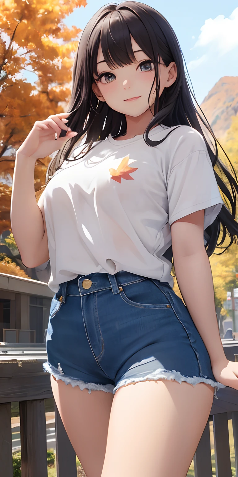top-quality、Top image quality、​masterpiece、12 year old girl、skin gloss、Dynamic super close-up view looking up from below with a slightly large chest、Slightly thicker emphasis on the thighs、Denim shorts、Bare legged、Face Real、Face smile、Autumn foliage