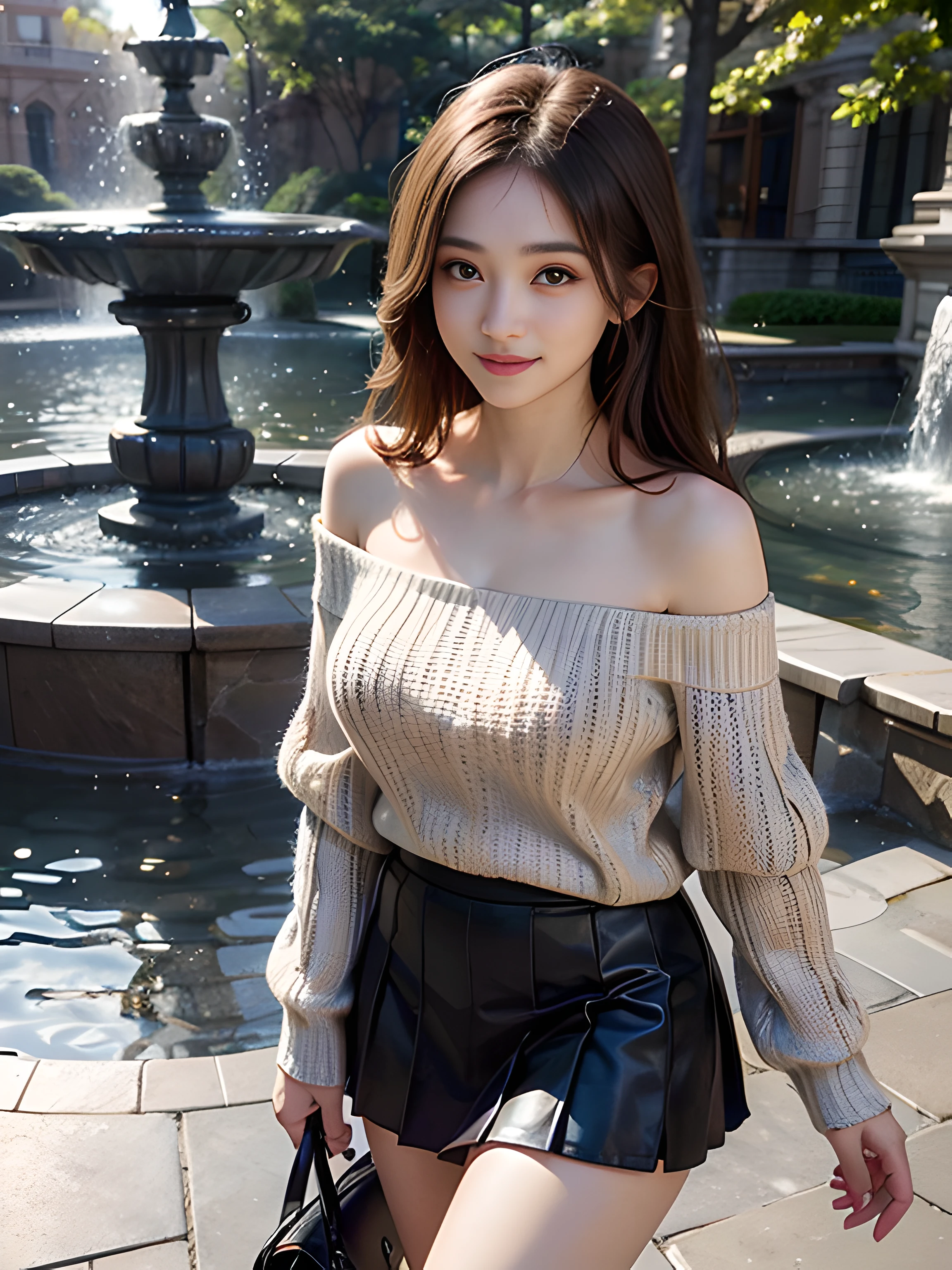 (Tabletop, Highest quality, High resolution, , Pixel perfect, 4K,), 1 girl, single, alone, Beautiful woman、I could see the whole body、 ((Wavy mid-hair, bangs, Brown Hair)), ((Brown eyes, Beautiful eyelashes, Realistic eyes)), ((Detailed face, blush:1.2)), ((Smooth texture:0.75, Realistic texture:0.65, Realistic:1.1, Anime CG style)), Medium chest, Dynamic Angle, Perfect body, ((, female teacher, , Earrings、necklace、Beige off-the-shoulder sweater、Long pleated skirt、Black knee-high stockings、Pink lace panties、A shy smile、Please lift up your skirt and show me your pants.)), Superior、、、evening、、Bring your arms together to emphasize your chest、necklaceを胸で挟む、(、()、Angle from below)、