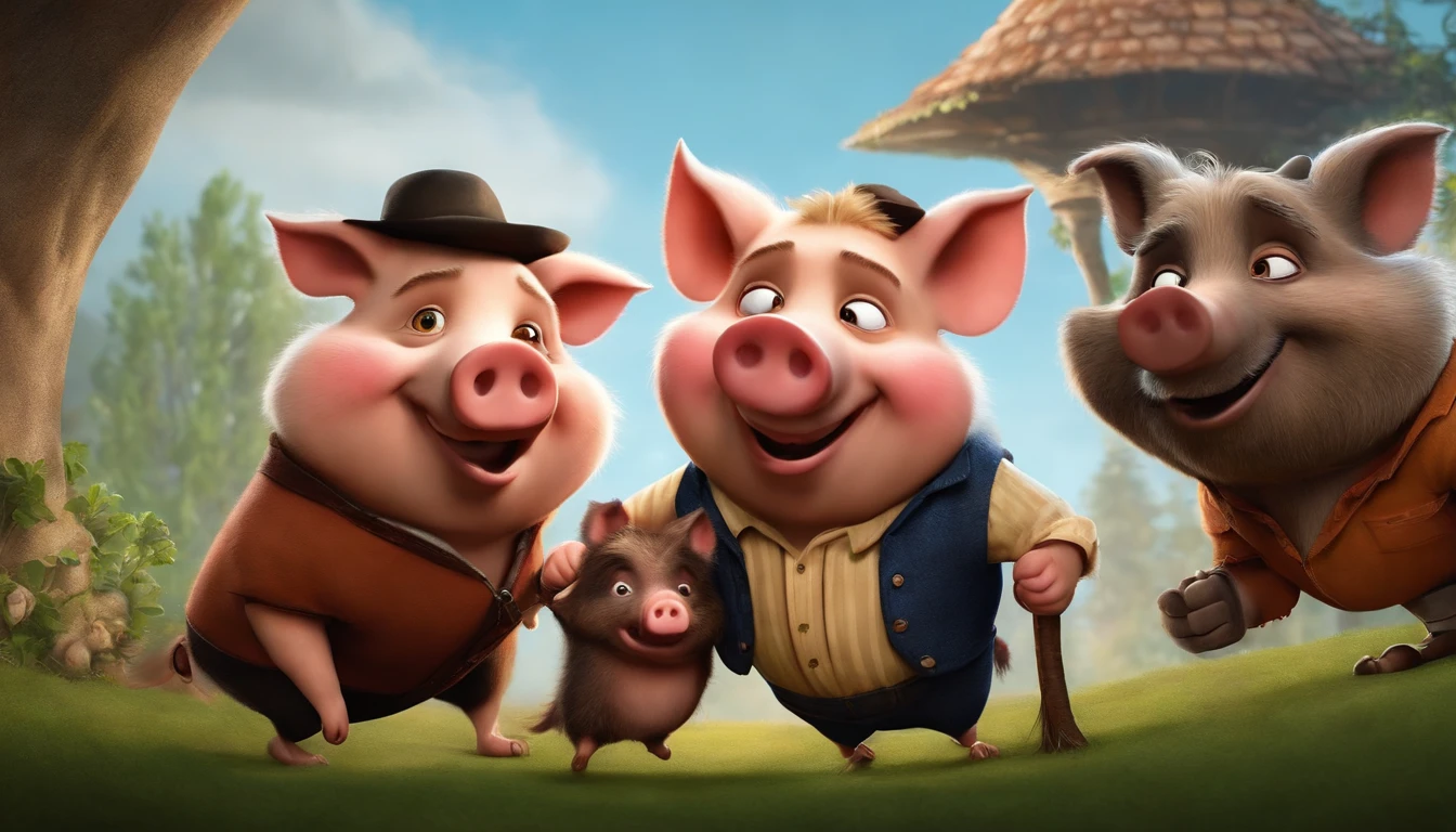 Drawing of the Three Little Pigs and the Big Bad Wolf if they were old. Ultra realista estilo pixar, 4k