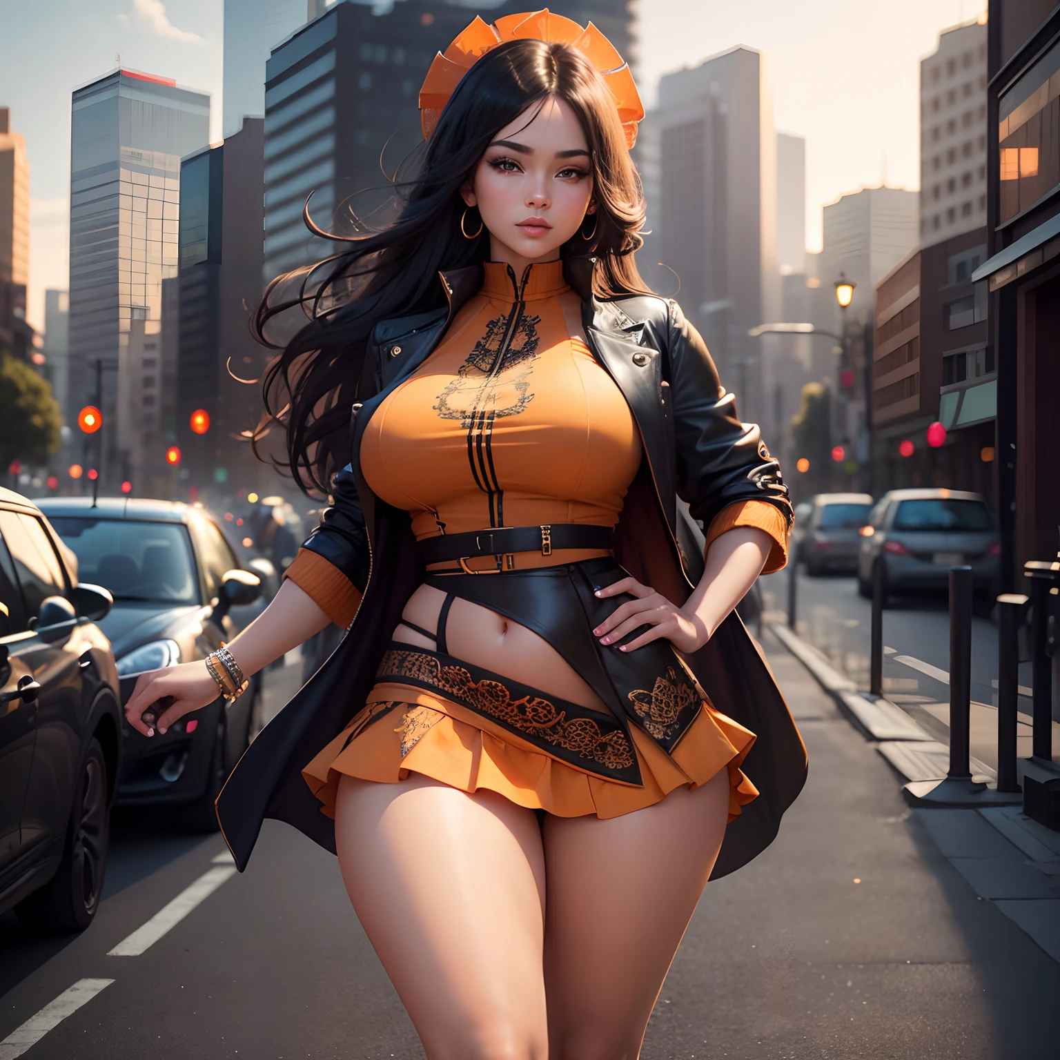 (masterpiece, best quality: 1.1), high resolution, (ultradetailed), light makeup, seductive, elegant, stylish, sexy, curvy, looking at viewer, full body, beautiful big legs , perfect body, beautiful indigenous woman, (beautiful detailed face: 1.2), beautiful detailed eyes, intricate details, perfect hands, detailed fingers, detailed toes, jacket, heels, mini skirt, big thighs, big hips, small waist, city background with orange roof, volumetric lighting, intricate details, tone mapping, sharp focus, hyper detailed