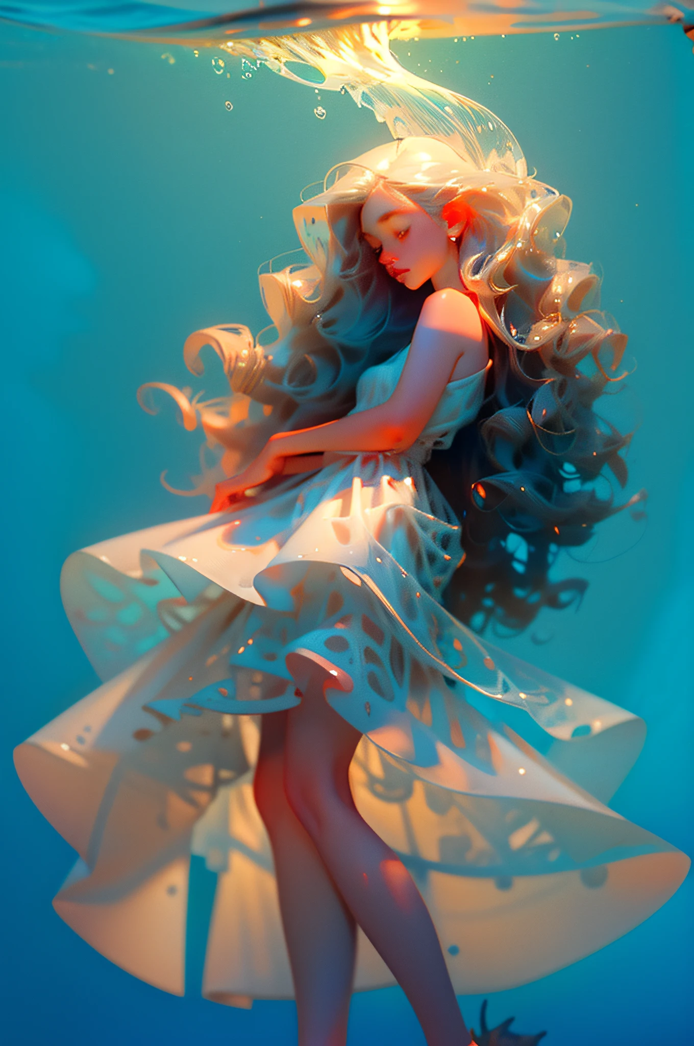 (best quality,highres:1.2),ultra-detailed,(realistic:1.37),skinny latina girl,beautiful detailed eyes,detailed lips,curly long hair,jellyfish,sparkling blue sea,soft sandy beach,warm sunlight,gentle breeze,peaceful atmosphere,leisurely pose,white summer dress,seashell accessories,natural beauty,vivid colors,lush green palm trees,exotic plants,tropical paradise,crystal clear water,lively marine life,elegant jellyfish tentacles,majestic underwater world