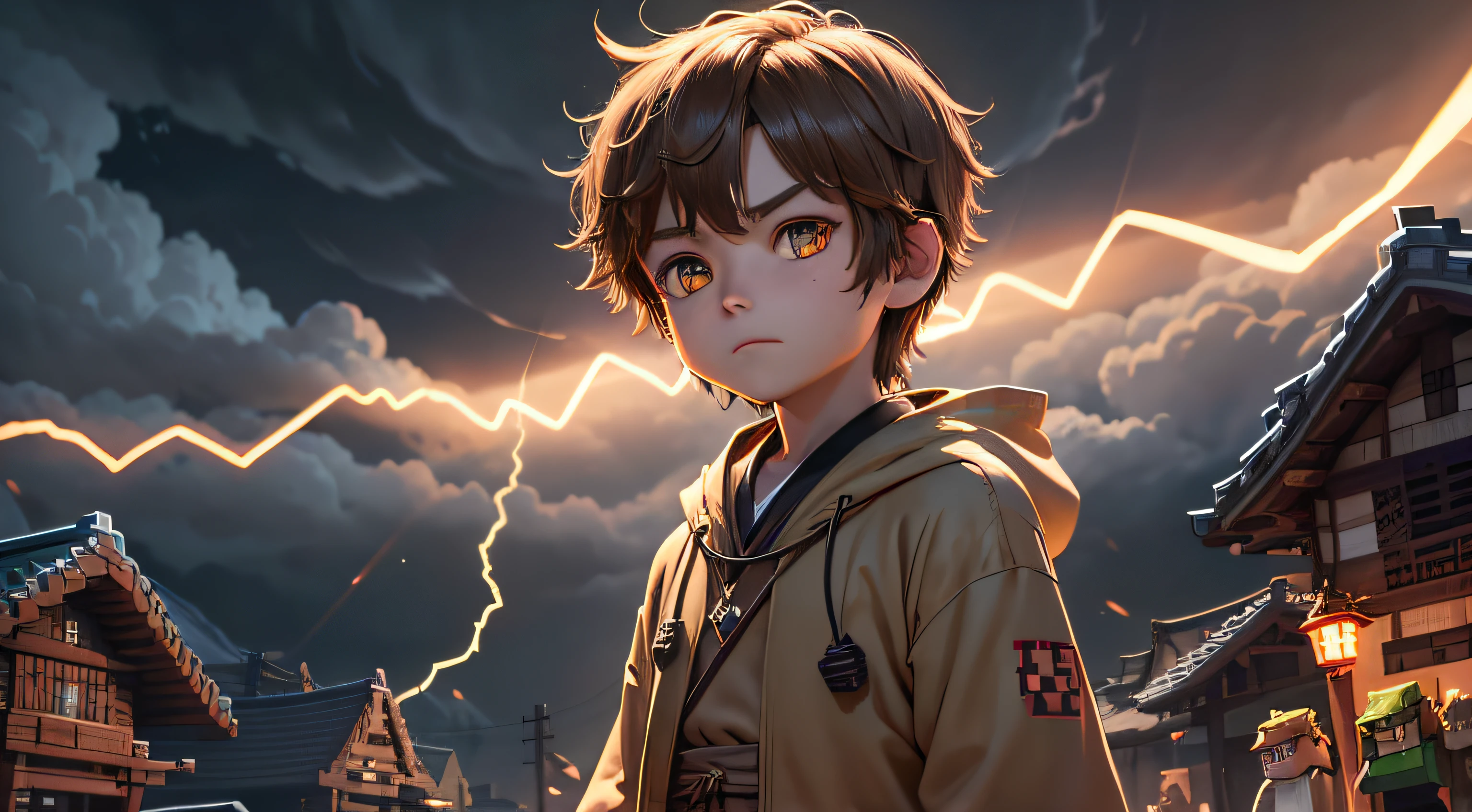 Minecraft ability、Using amulets to wear electricity、Light brown hair、Iris glowing with electricity、Boy in Japanese Clothes、Wearing a jacket on the obi、Field of electricity、dark clouds、Residential area、mash hair、Hanging eyes、Reaping