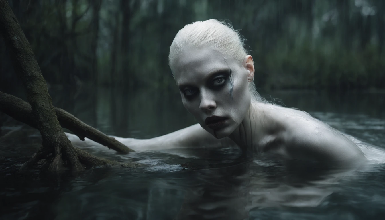 half body shot, hyper realistic photograph in a swamp, beautiful pale model, iridescent skin, skin that looks like glass, white albino python body moving in the water,