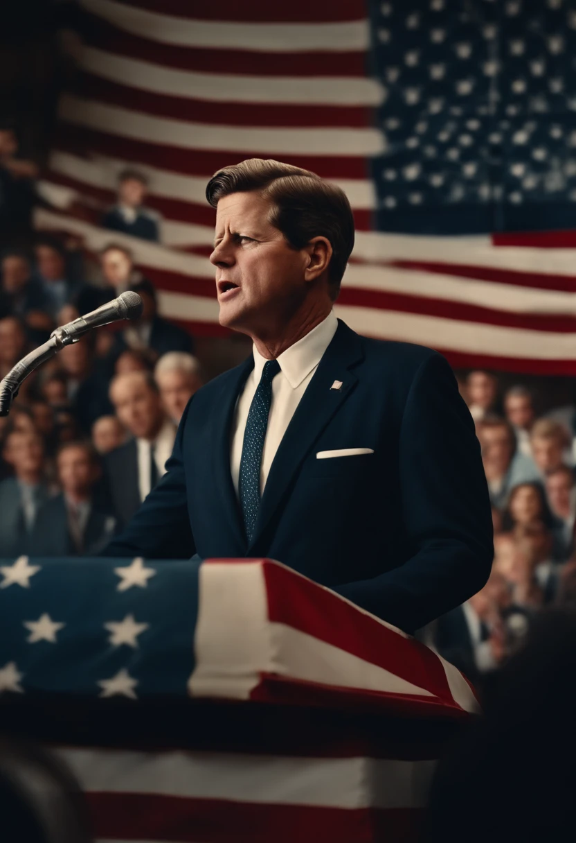 A portrait of John Kennedy giving a speech with the flag of the United States and behind him several people , intrincate details, master part, hyper realistic , disco Rigido , 8k
