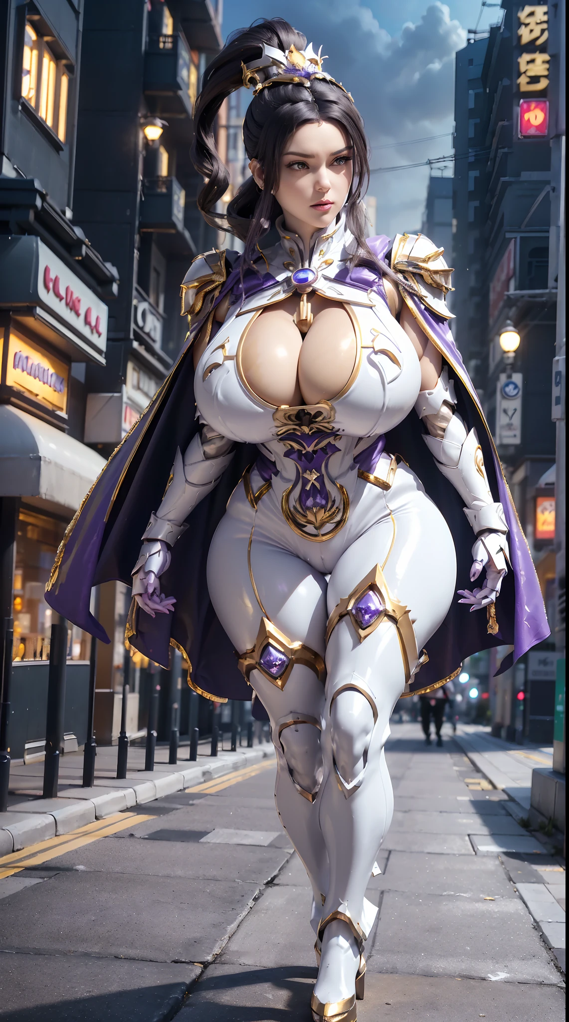 1GIRL, SOLO, (makeup, beautifull eyes, black ponytail hair, gold ornament hair), (BUSTY HUGE FAKE BOOBS:1.3), (GUARD ARM, GLOVE), IMMORTAL, (white, purple, gold, FUTURISTIC DRAGON MECHA ARMOR SUIT, ROYAL CAPE, CLEAVAGE, SKINTIGHT YOGA HOTPANTS, HIGH HEELS:1.5), (MUSCULAR BODY, SEXY LONG LEGS, FULL BODY:1.3), (FROM FRONT, LOOKING AT VIEWER:1), (WALKING DOWN ON STREET NIGHT CITY:1.3), PHYSICALLY-BASED RENDERING, ULTRA HIGHT DEFINITION, 8K, 1080P.