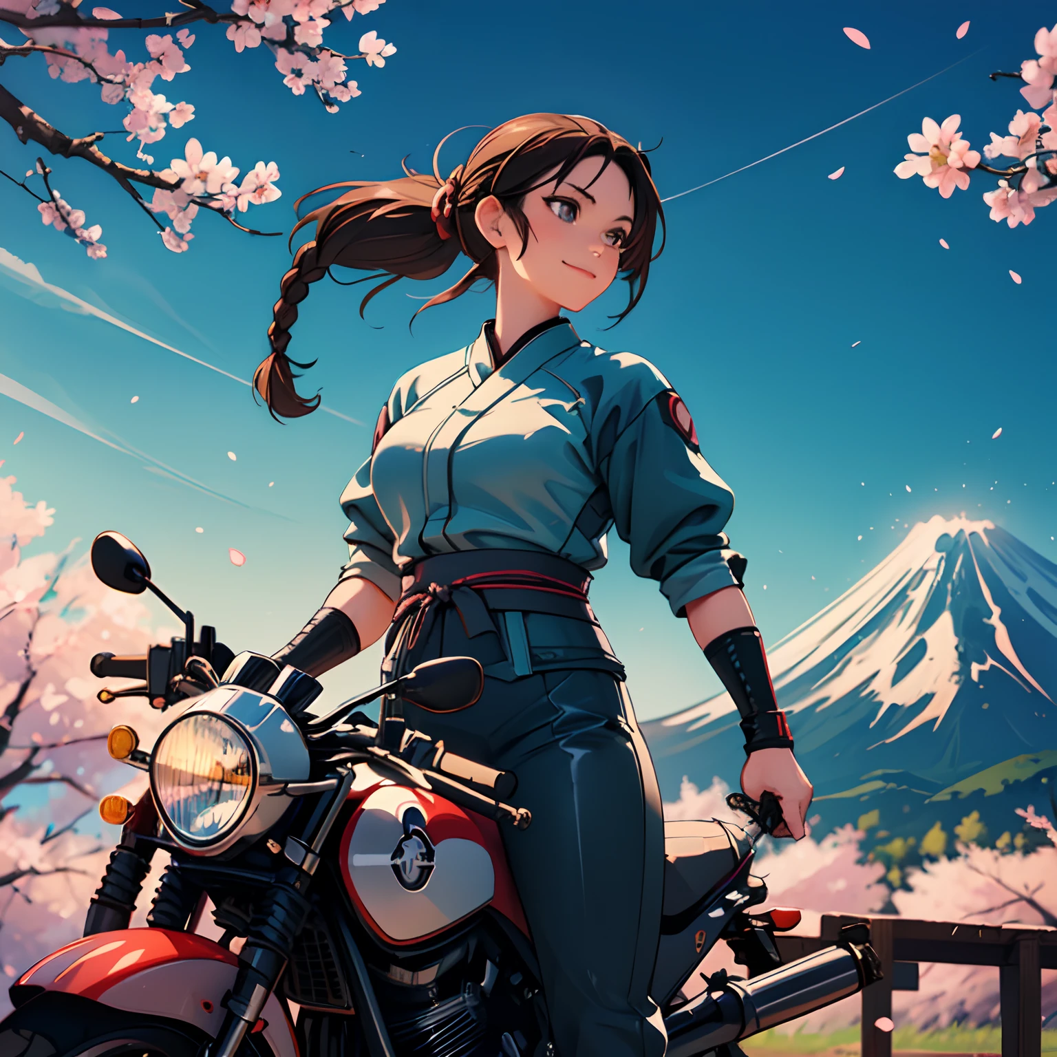 (30 year old American woman with samurai sword sitting on moto guzzi), (brown hair), attractive woman, (braided ponytail:1.4),  ((((holding katana)))) , (full shot) ,, (katana), leaning against motorcycle,, ((cherry blossoms blowing)), looking into distance, (friendly smile), ((hazel eyes)), windy, (evening light), (backlit with sun) , motorcycle visible, dynamic pose, on hill, ((moto guzzi)), Mt Fuji in background, afternoon, Masterpiece, best quality, highres, 1girl, pretty face, ((beautiful motorcycle)) , excellent quality, cowboy shot, beautiful scenery, countryside