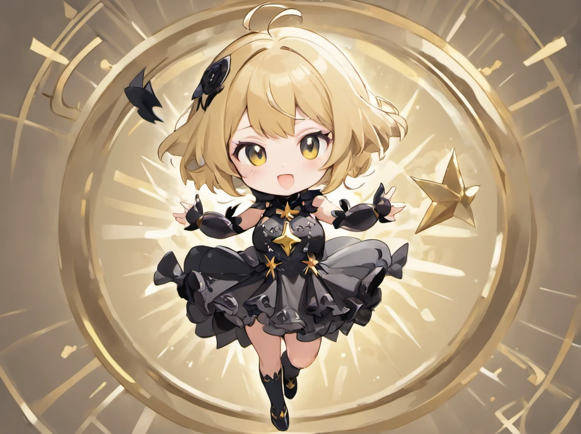 ((Chibi、Mini、Blunt bangs、Ash Gold Hair、a short bob、discreet breasts、Intricate Gothic décor、Black and white gothic dress)):1.5、full body Esbian、Concept sheet、masuter piece、超A high resolution、Looking at the camera、Angle from above、jumpping、dash、acrobatic pose、White background