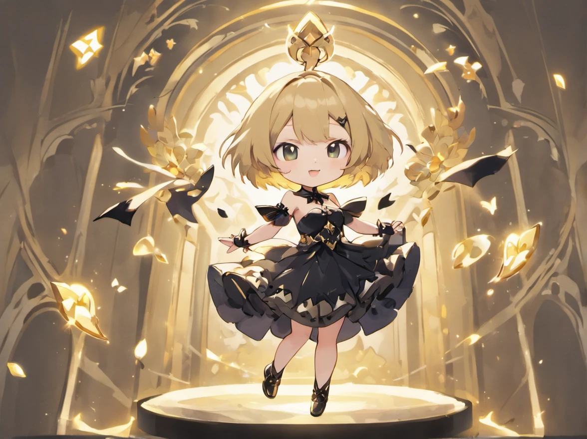((Chibi、Mini、Blunt bangs、Ash Gold Hair、a short bob、discreet breasts、Intricate Gothic décor、Black and white gothic dress)):1.5、full body Esbian、Concept sheet、masuter piece、超A high resolution、Looking at the camera、Angle from above、jumpping、dash、acrobatic pose、White background