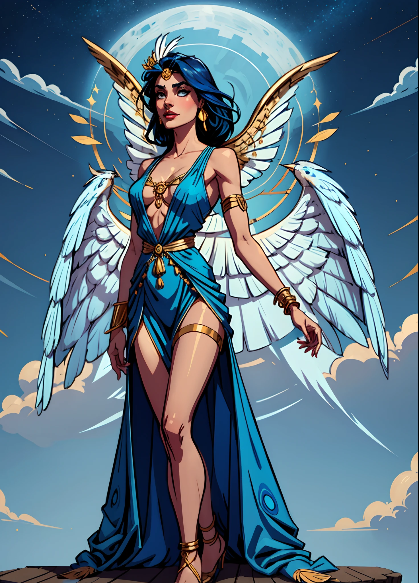 Huntress, wearing a peafowl-like dress with bangles and jangles and tassels, colors are sky-blue blue midnight-blue with a tiny bit of gold, best quality, masterpiece
