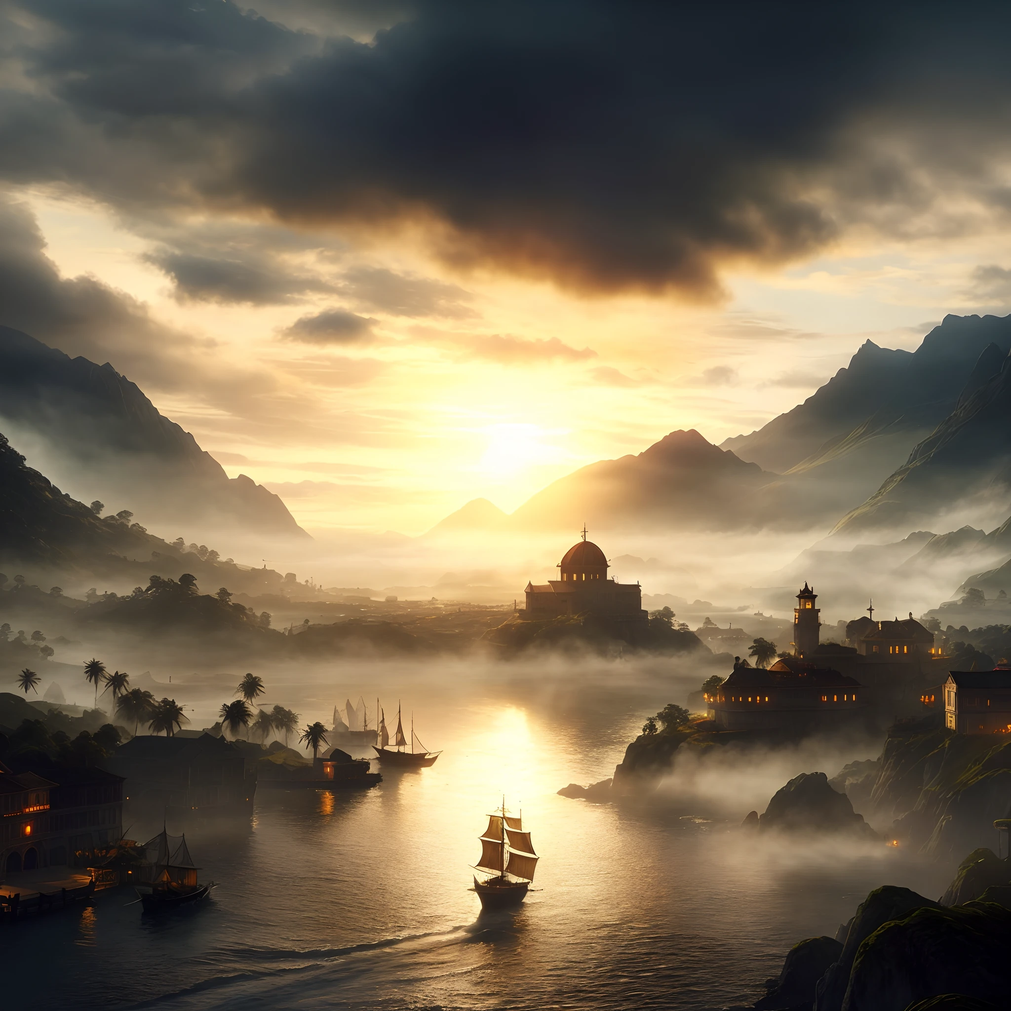 There's a boat sailing on the water in the middle of a foggy landscape, tinta escura bonita, epic matte painting of an island, tinta escura requintada, tinta escura impressionante, inspirado em Ivan Aivazovsky, majestosa tinta escura, tinta escura sonhadora, tinta escura bonita, em estilo de aivazovsky, Tinta Fosca Extravagante, Amazing exquisite dark paint, tinta escura, 4k detalhado, detalhes, High definition