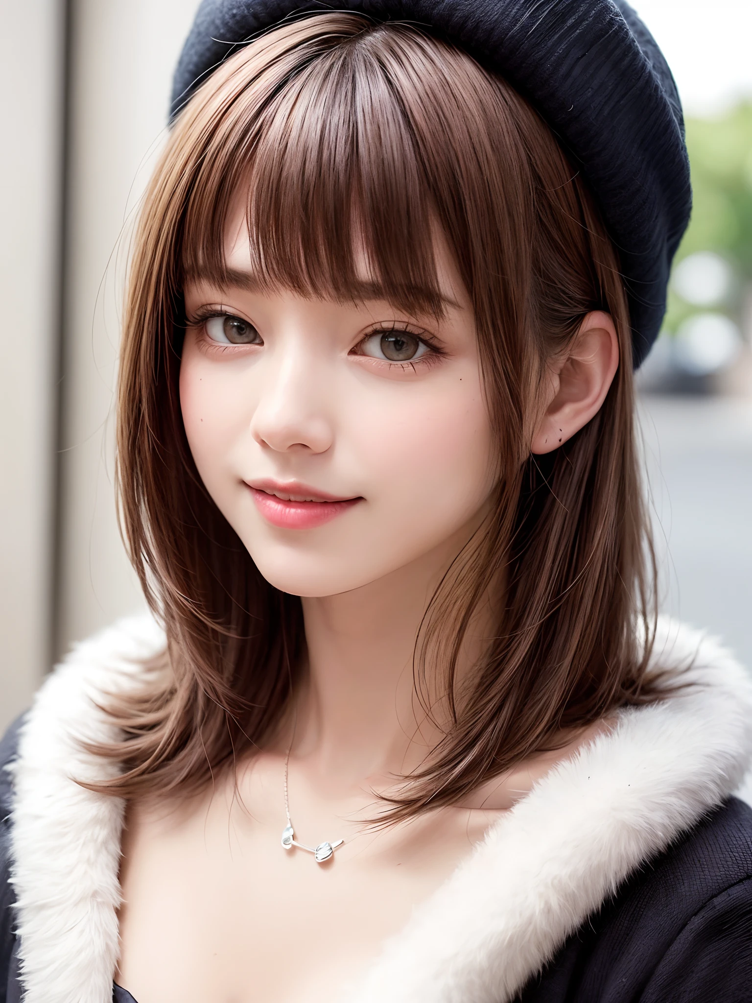 (masterpiece, top-quality、Very attractive adult beauty、Add intense highlights to the eyes、Look firmly at the camera),1girl in, 独奏, A dark-haired, scarf, Hats,, realisitic, looking at the viewers, black eyes of light color, shorth hair, coat, Winter clothes, White headscarf, s lips, lipgloss,bangss, The upper part of the body、big eye、Lashes)、((Road system in Italy))、((Shorthair with bangs、big eye、Put very strong highlights in your students、very Bigger breasts、gazing at viewer、Very beautiful beauty、Put your ears out、long neck、little smiling、Beautiful teeth、Open your mouth and smile))、28 year old、Very cute supermodel