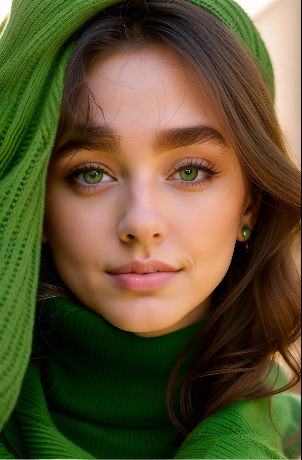 A close-up of a woman in a green sweater looking at the camera, portrait sophie mudd, wearing a green sweater, Cardigan, model photo, Julia Salda, 2 4 year old female model, pictured from the shoulders up, Gal Gadot and Tribours, casual green clothing, photo of the beauty gal gadot, Green clothing, Green clothes,(Turn your head to face the lens)