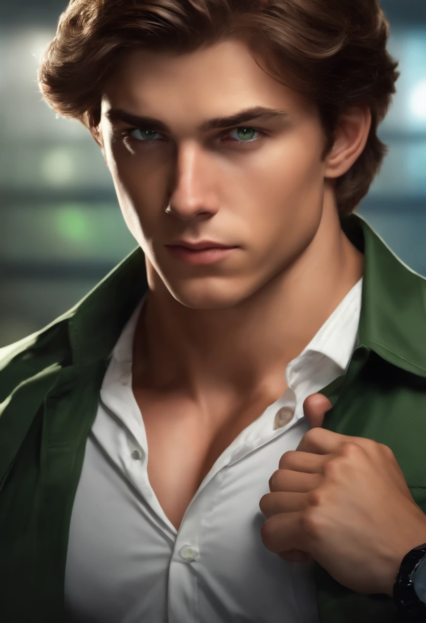 (deep focus,highres:1.2),(realistic:1.37) portrait,Dean,17 years old,FBI agent,weapon specialist,slightly serious expression,brown hair,green eyes,strong physique,full-body shot,working out,male,professional lighting