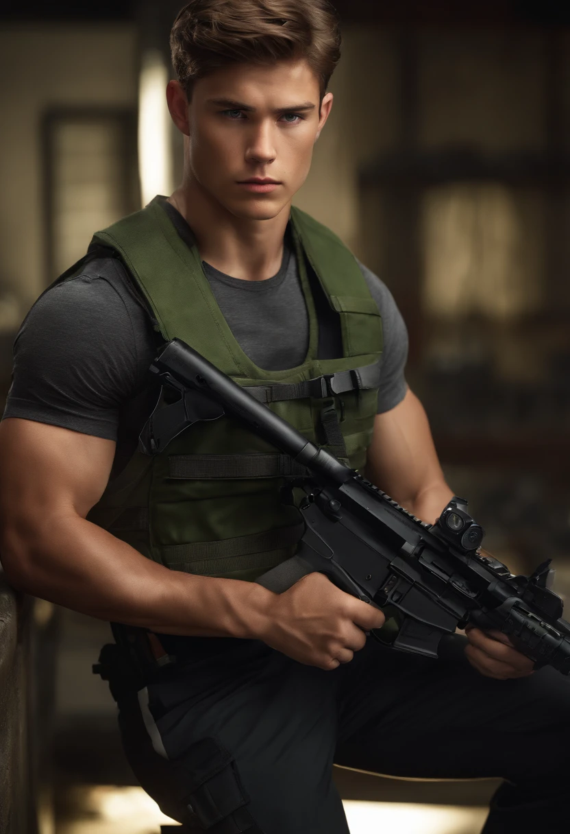 (deep focus,highres:1.2),(realistic:1.37) portrait,Dean,17 years old,FBI agent,weapon specialist,slightly serious expression,brown hair,green eyes,strong physique,full-body shot,working out,male,professional lighting