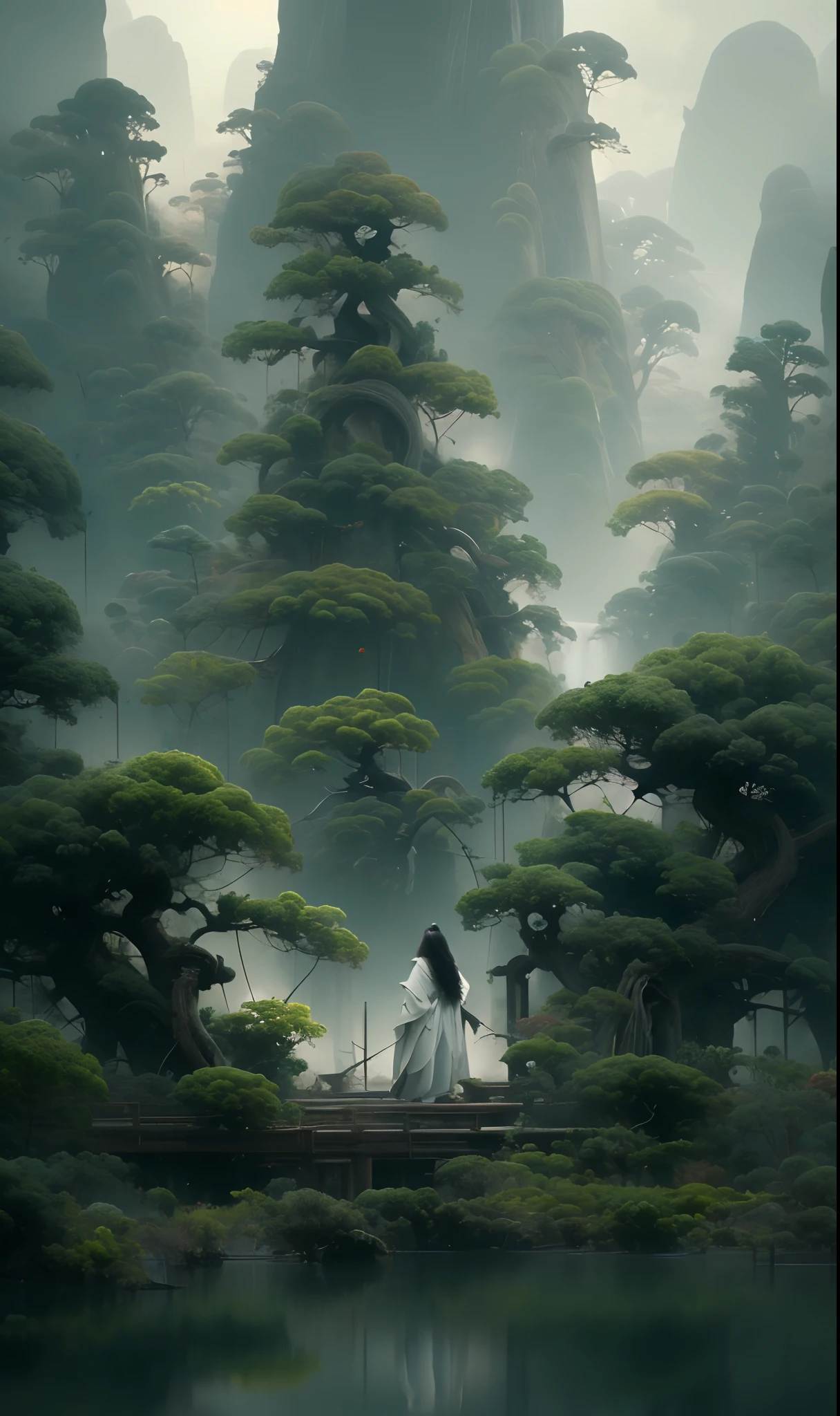 Painting in the style of oriental painting, In the style of matte painting, Layered and atmospheric landscape, Rich and immersive, quiet contemplation, Dark white and green, History painting, Inspired by Zen, The grandeur of the scales
Very detailed, Dynamic, Cinematic, Stunning, Realistic lighting and shading, Vivid, Vibrant, 8K,Octane Render, Unreal Engine, Very detailed, Concept art, Realistic, Cryengine, Wide Shot
One girl has very long hair white hair(Upper body:1.0)