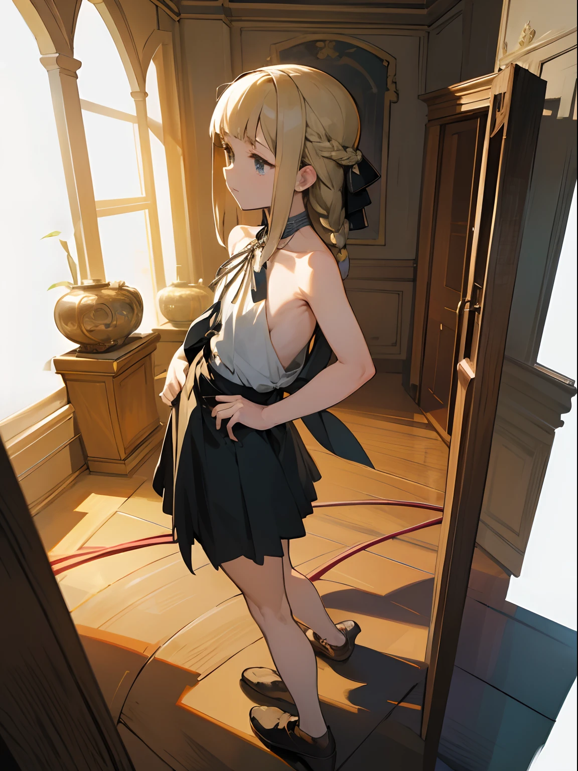 Reines, 1girl, high quality, best quality, illustration, masterpiece, (highly detailed:1.2), (extremely detailed:1.3), bare shoulders, sleeveless, young girl, string ribbon, short skirt, braid, petite, , in a house