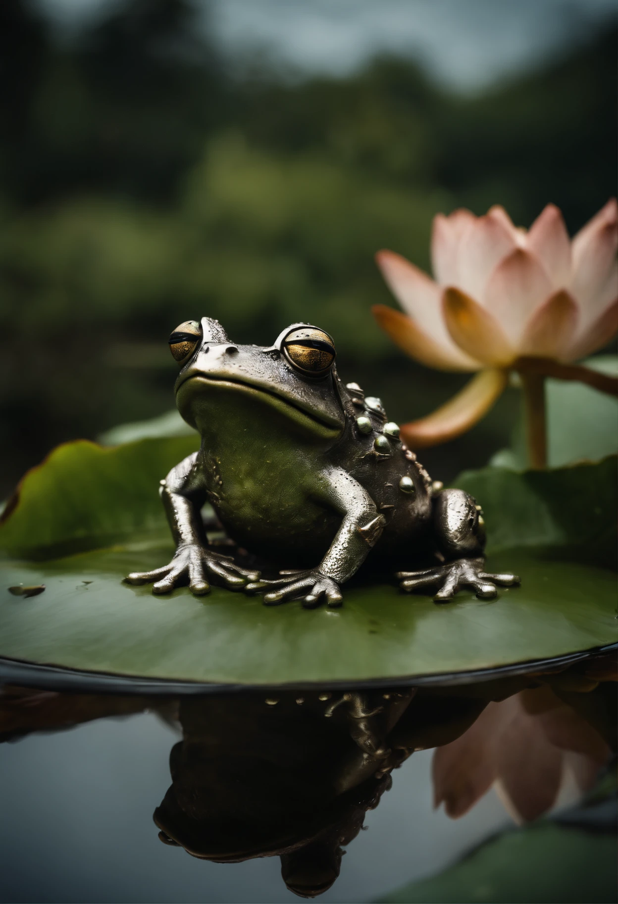 Steampunk mechanical frog lands on its solid silver water lily, guerrier, grand, marais fantastique, plantes carnivores, oiseaux transparents