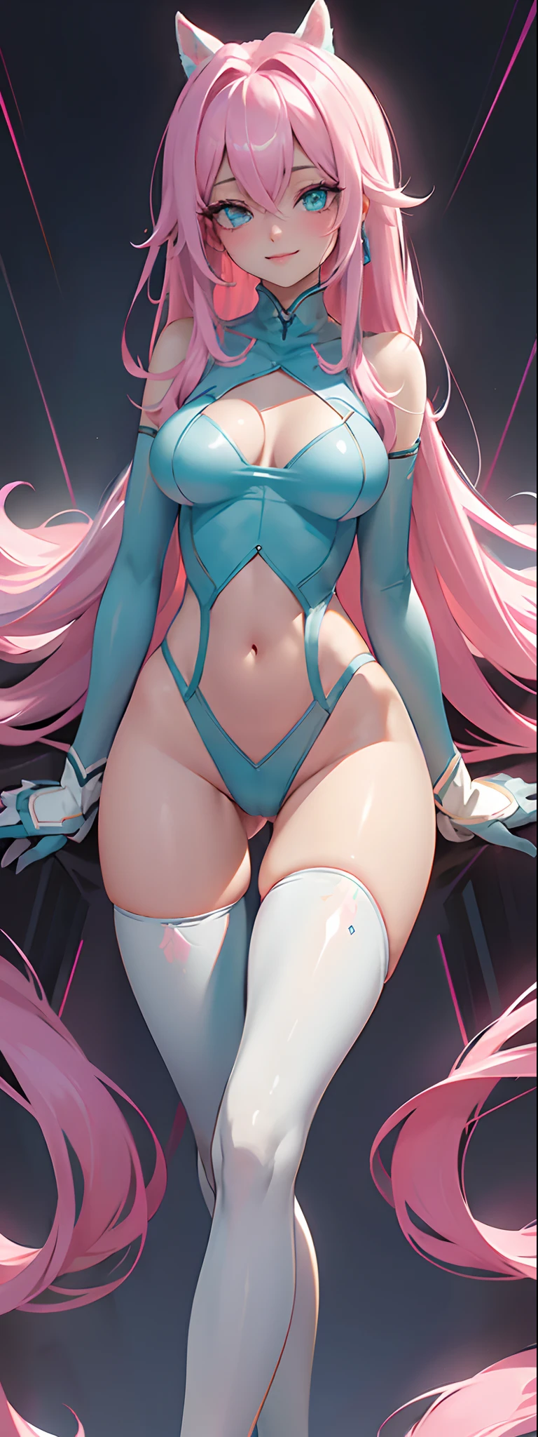 tmasterpiece，one-girl，pastelcolor, Cyan eyes, cyber punk perssonage, Pink Long Hair，deep v big breasts，chest，White latex tights，cleanness，Bare arms，show legs，Open navel，Slimming the waist, Happy smile, whole-length, legsupms, full bodyesbian：1.3