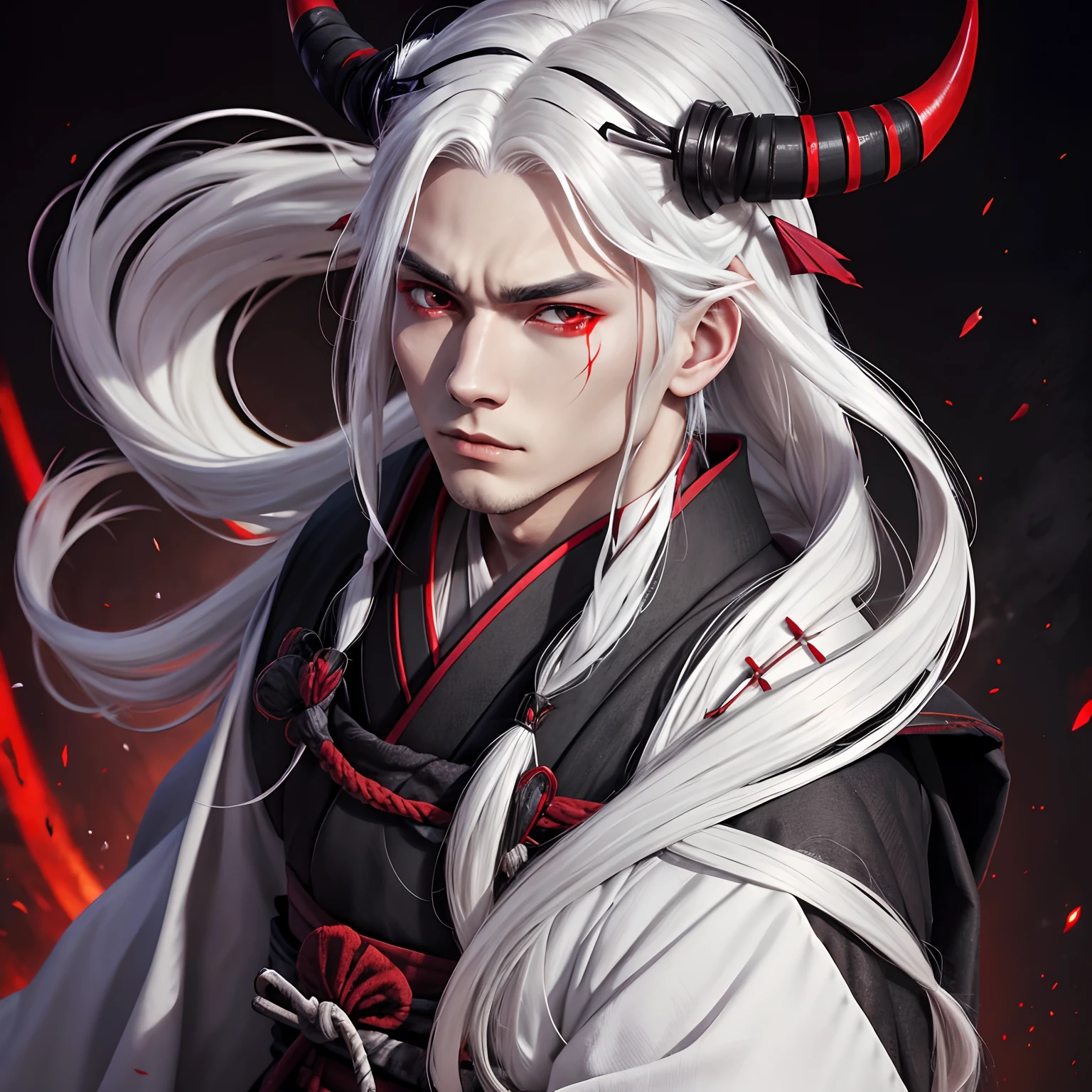 White hair, long hair, dark red horns (almost black), red eyes (one of them with black sclerae if possible), samurai clothing and a kimono, man, young man, boy, girl