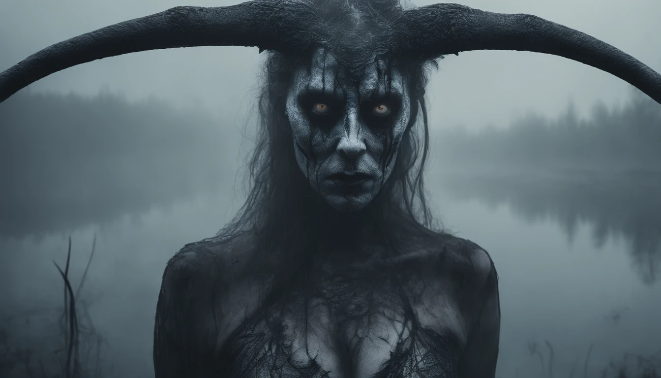 Upper body shot, hyper realistic photograph in a foggy marsh, demon woman with horns, iridescent skin, skin that looks like glass, white eyes, cinematic horror.
