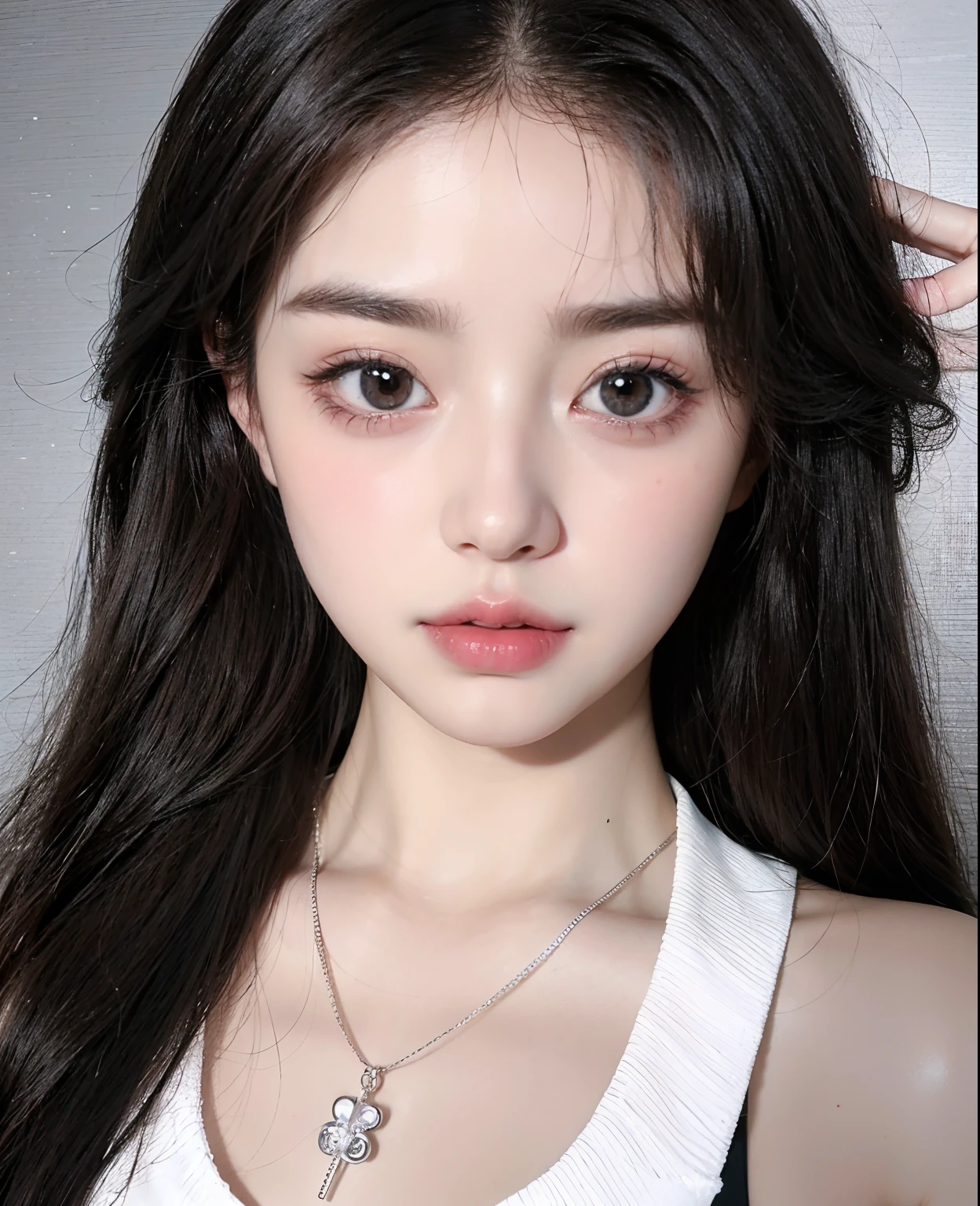 Un primer plano de una mujer con cabello largo con un vestido azul, flequillo esponjoso, ulzzang, chica linda-fina-cara, maquillaje popular de Corea del Sur, maquillaje suave, maquillaje coreano popular, con cara linda - fina -, Linda cara de anime natural, flequillo rizado, Lindo - fino - cara, linda-fina-cara, Retrato realista kawaii, flequillo de cortina