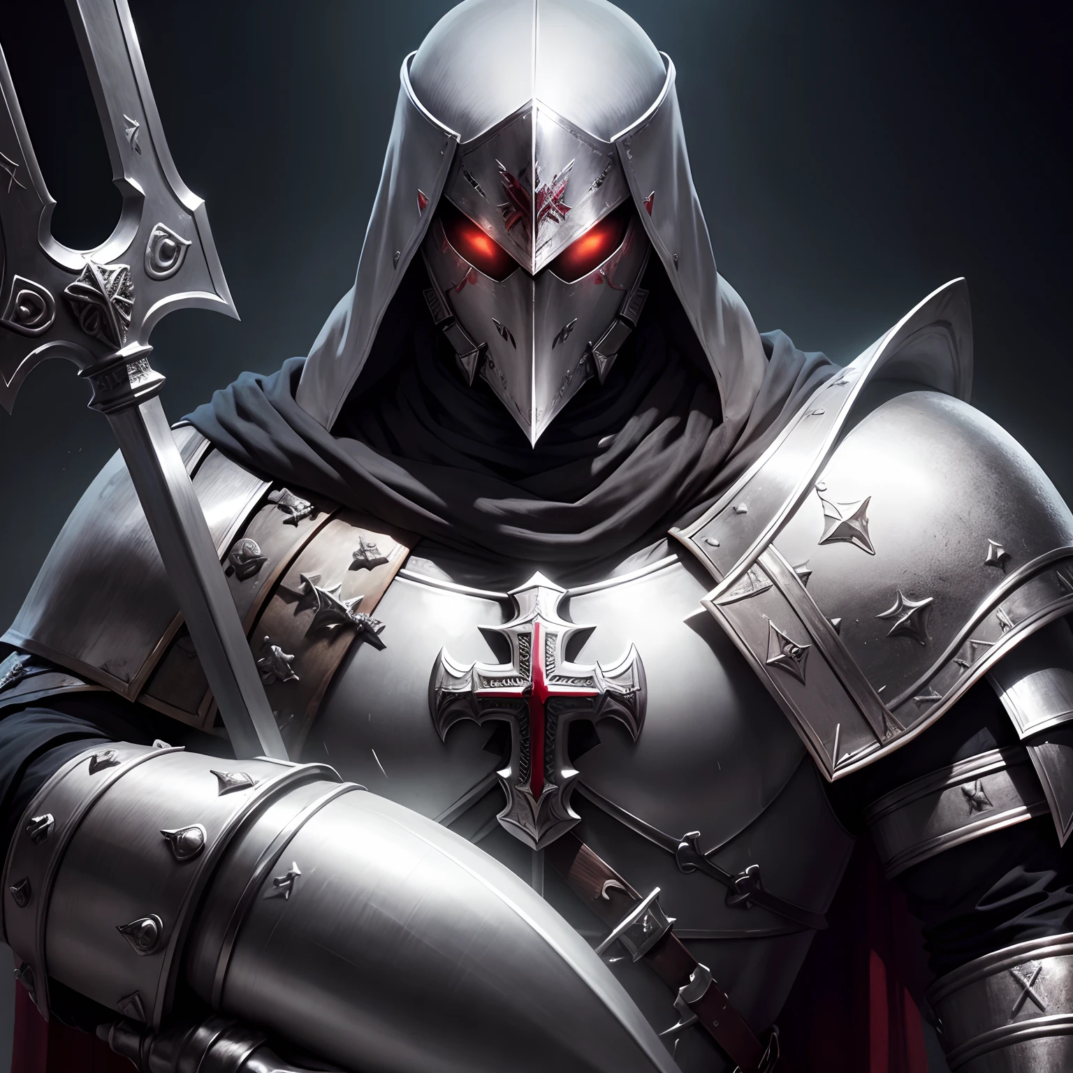 templar knight, armadura detalhada, crucifixo no peito, medieval, terror, fiction, guerreiro, melhor qualidade, sombrio, montado em um cavalo, sword in your hand, dark backdrop,  escudo com crucifixos, imperador